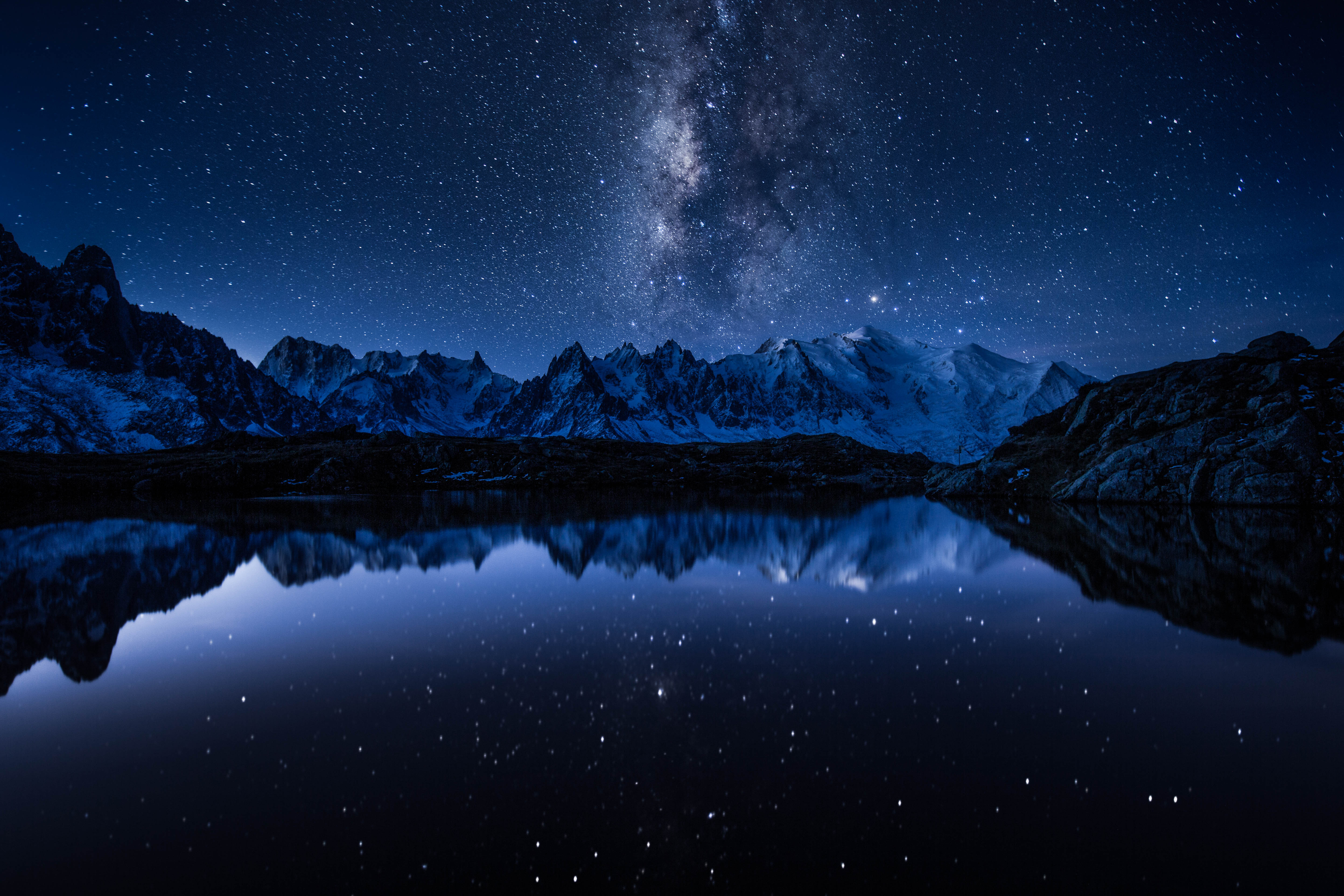 Milky Way Wallpaper 4K, Night, Starry sky, Mountains