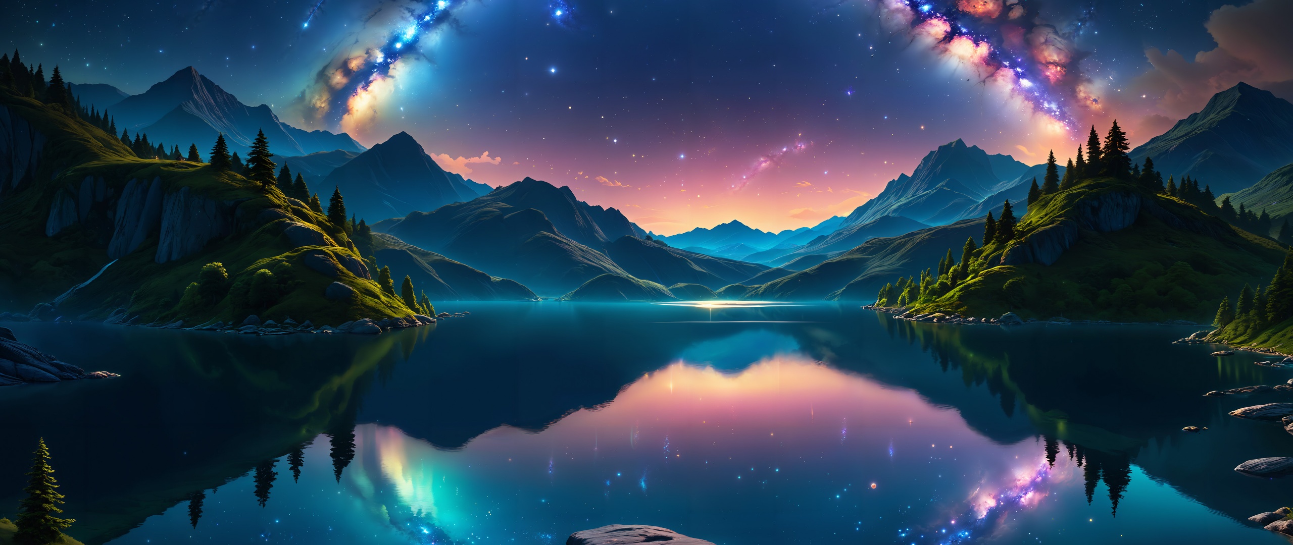 Mirror Lake Wallpaper 4K, Dreamlike, Rainbow, Surreal