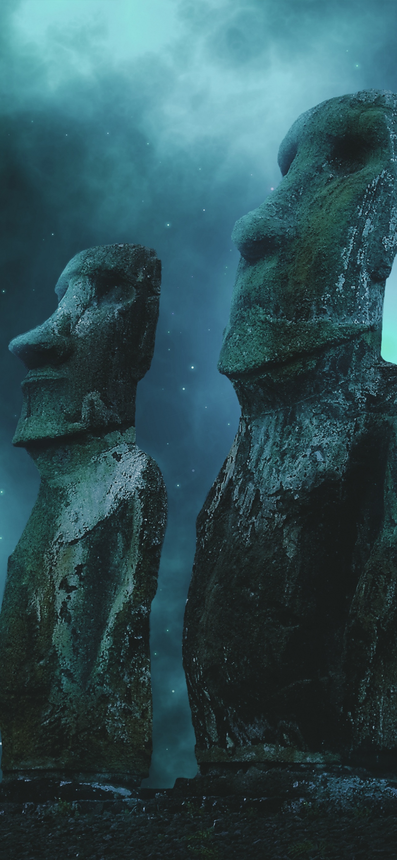 Moai statues 4K Wallpaper, Easter Island, Full moon, Stars, Night sky