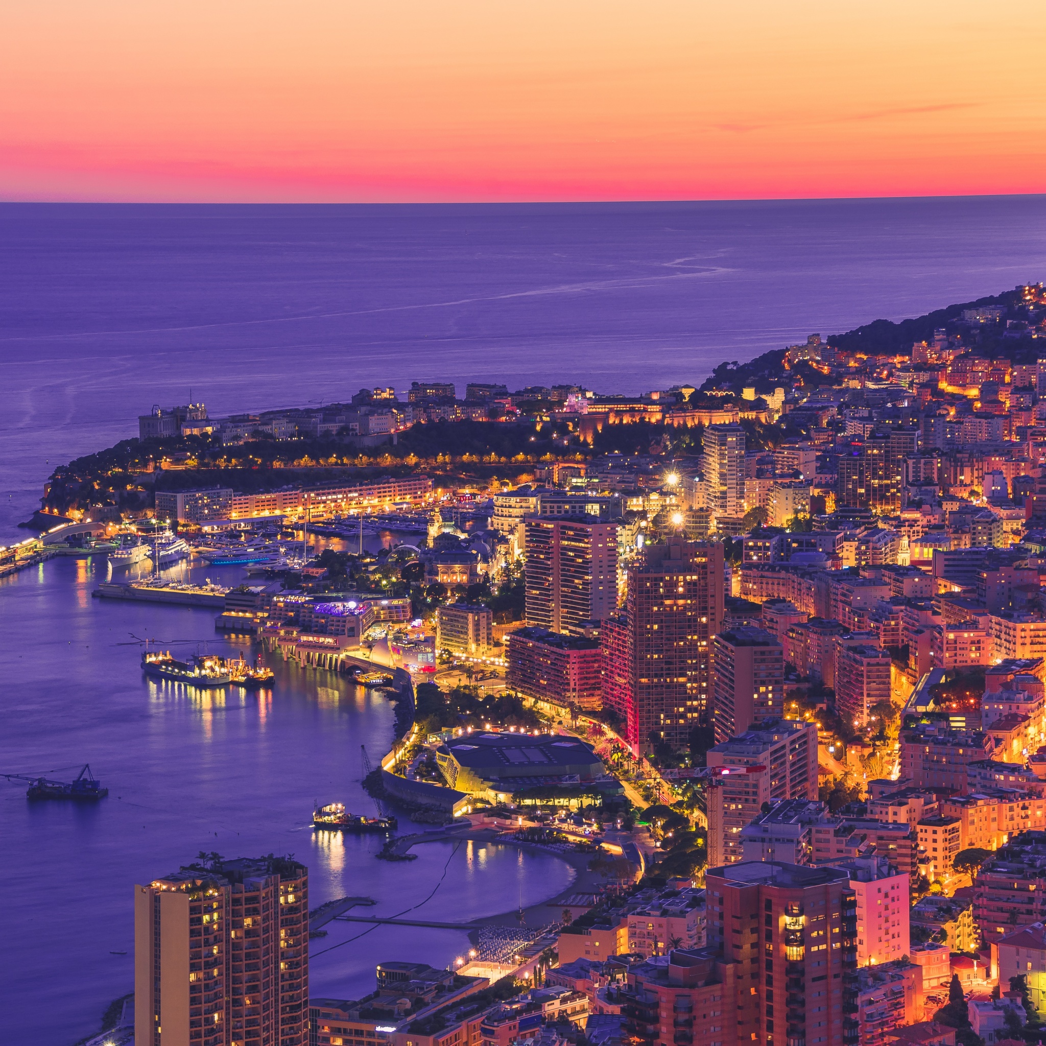 Monte Carlo 4K Wallpaper, Sunset, Dawn, Cityscape, Harbor, City lights