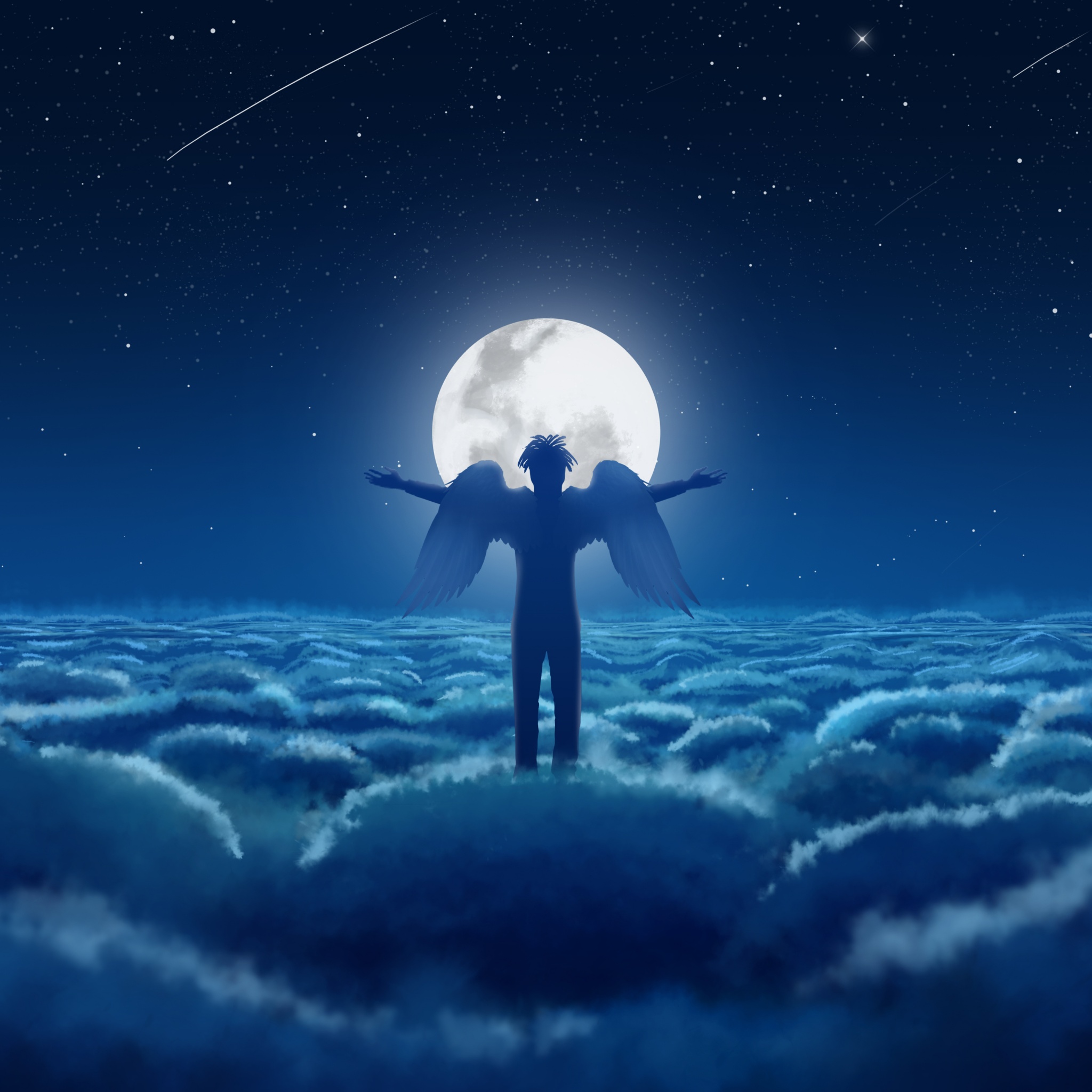 Moon Wallpaper 4K, Above clouds, Dream, Man, Wings, Night, Blue