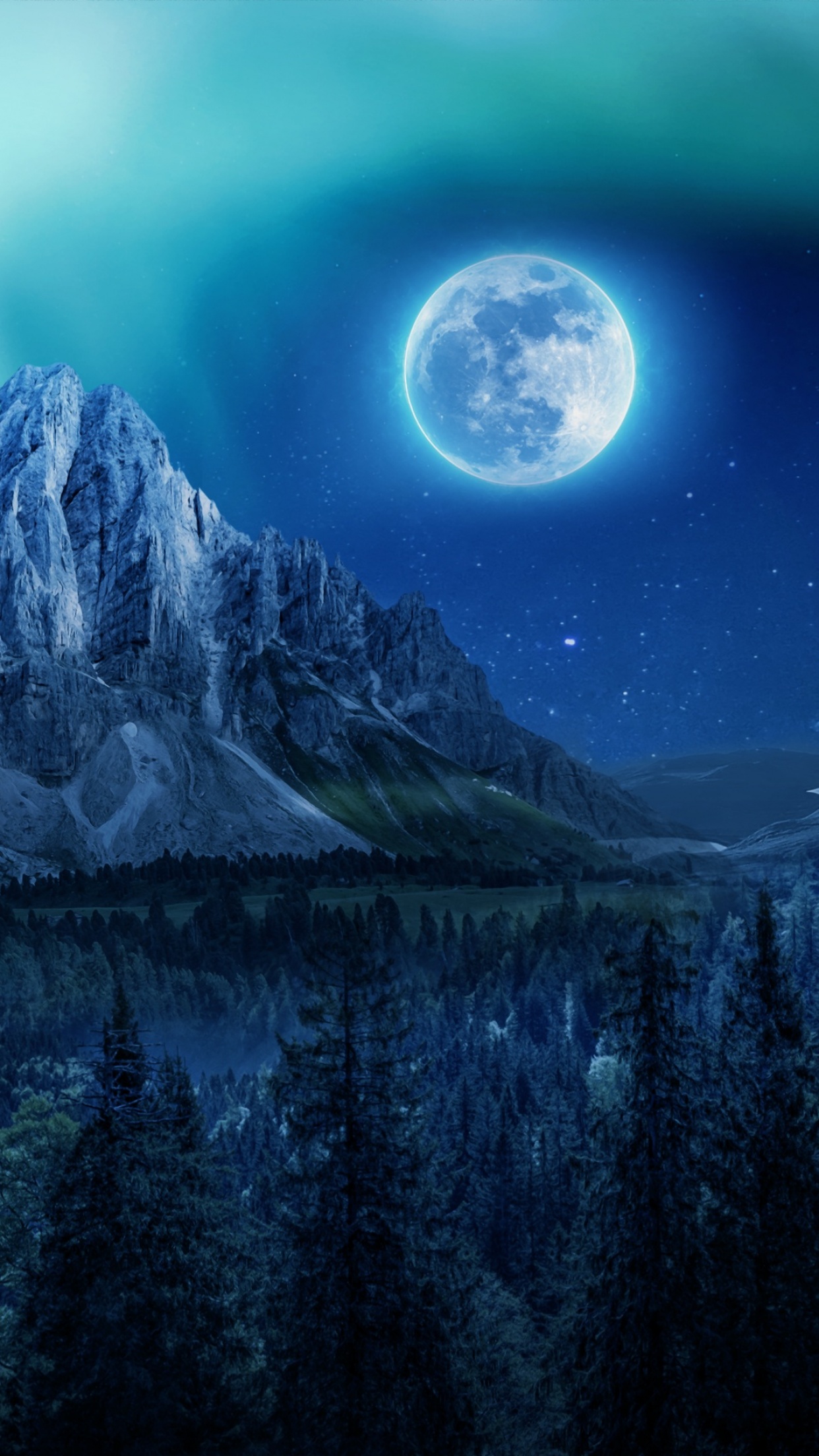 Moon Wallpaper 4K, Aurora Borealis, Mountains, Winter