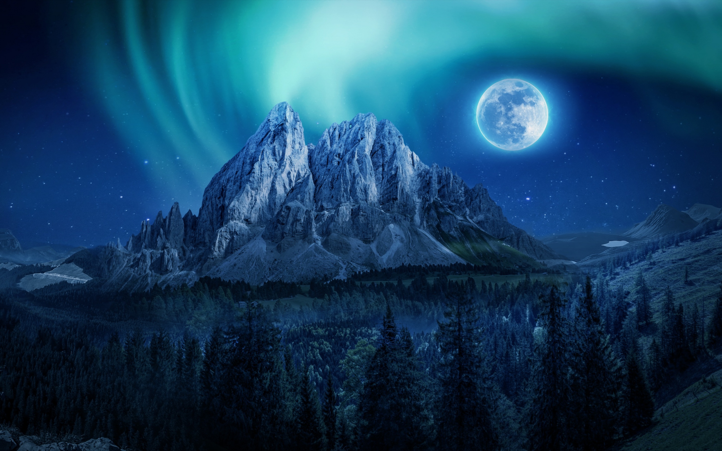 Moon Wallpaper 4K, Aurora Borealis, Mountains