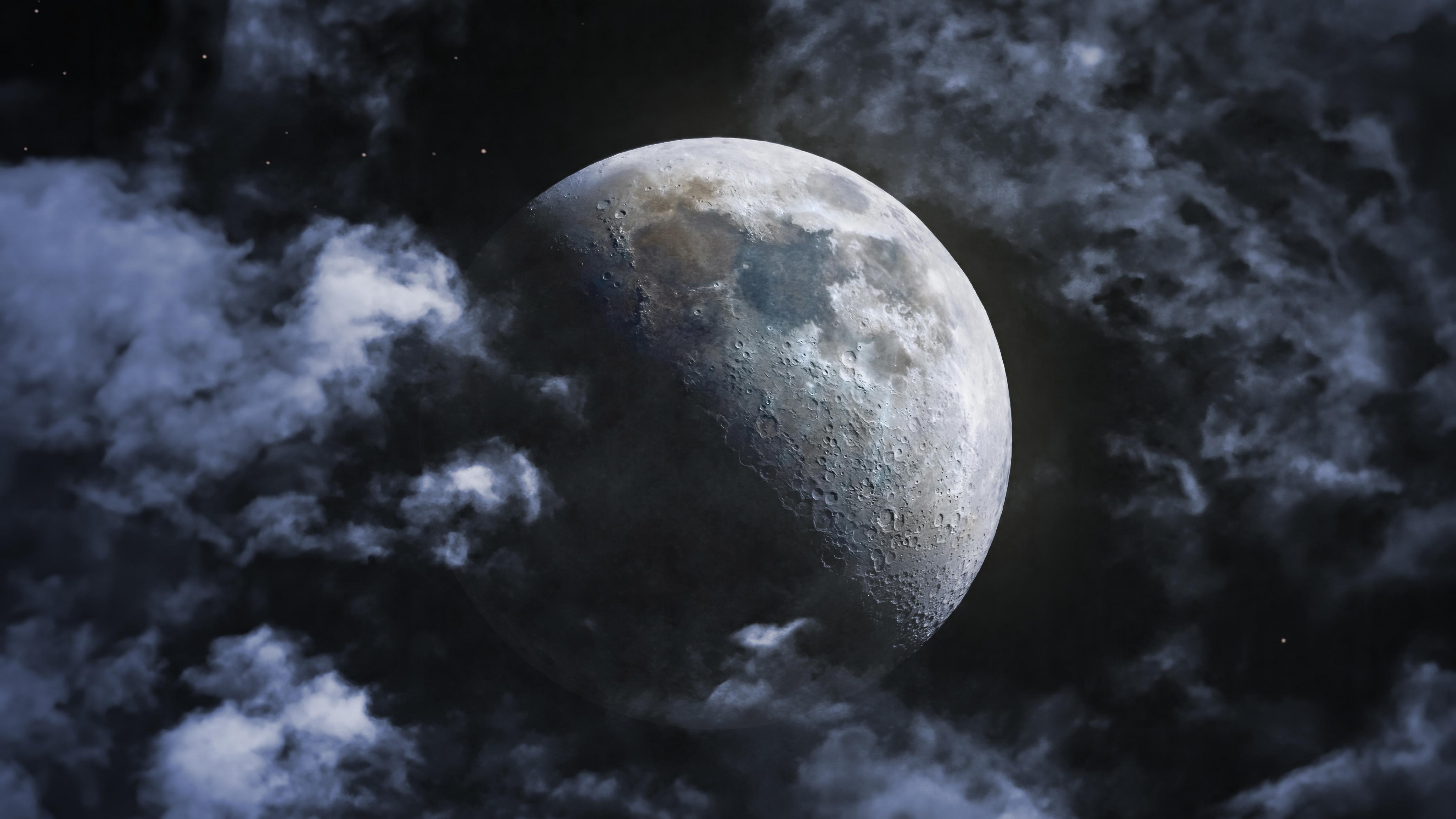 Moon Wallpaper 4K, Lunar craters, Clouds