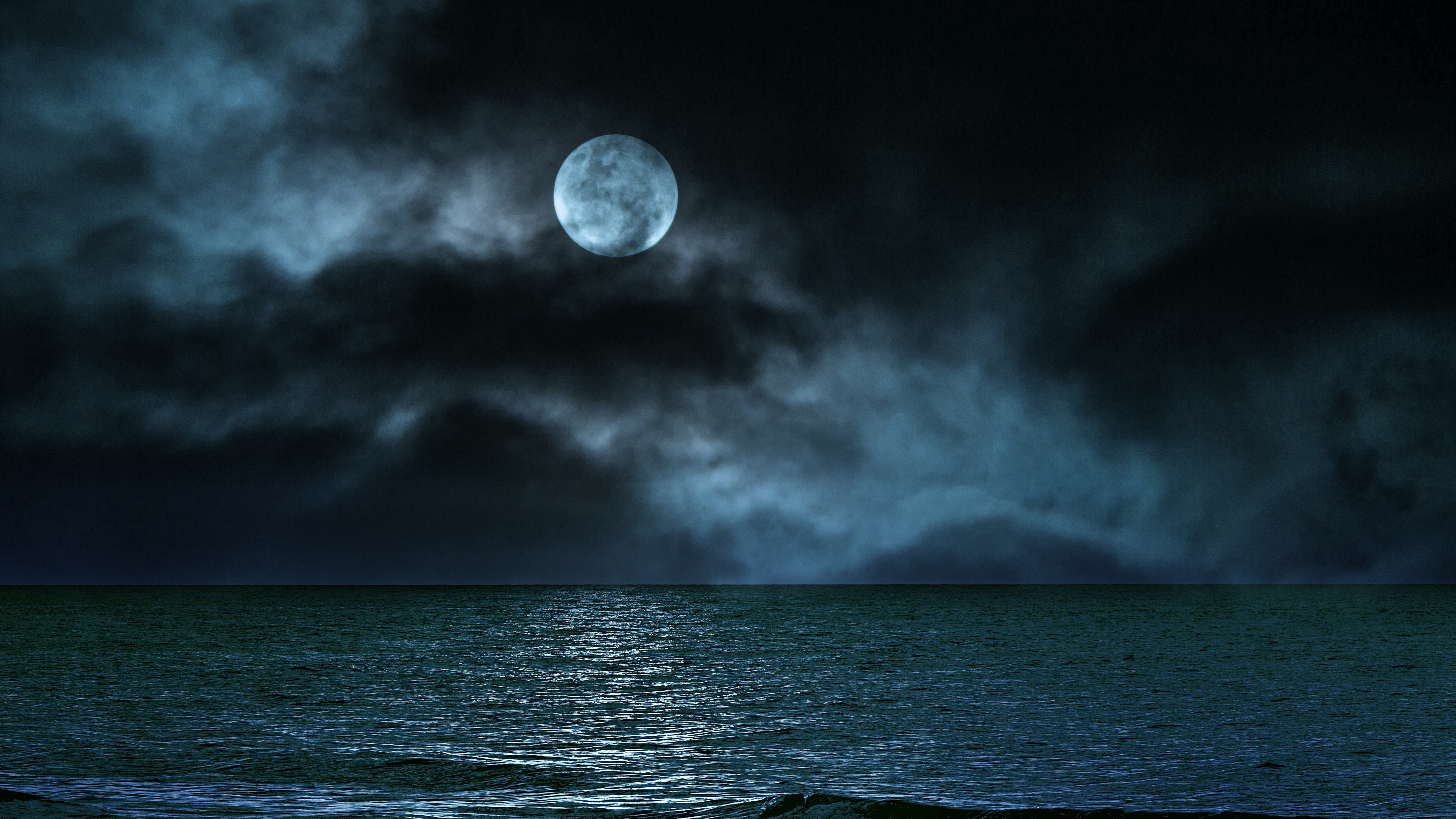 Moon Wallpaper 4K, Night, Clouds, Ocean, Nature, #9132
