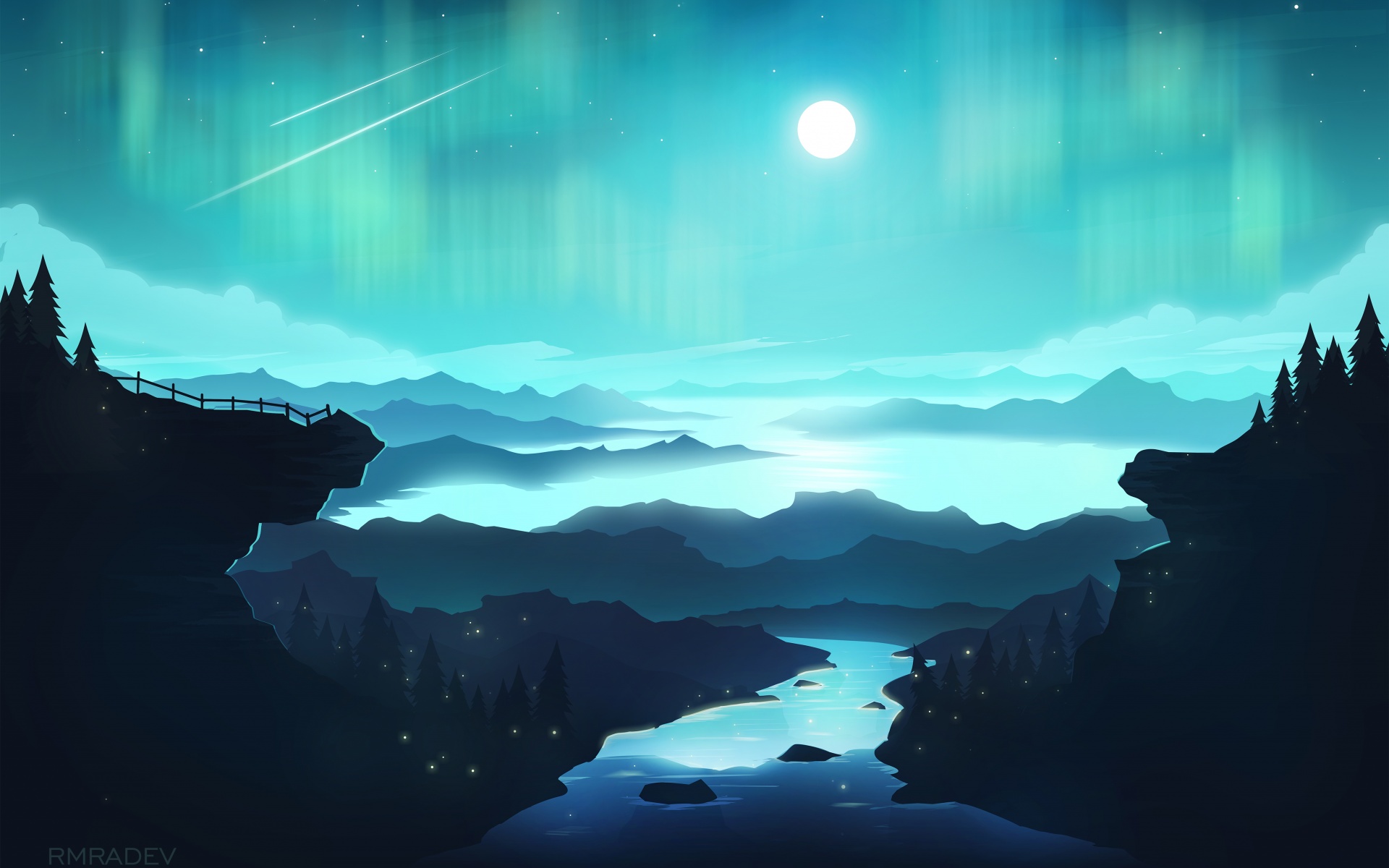 Moon Wallpaper 4K, River, Mountains, Gradient background, Blue, Nature