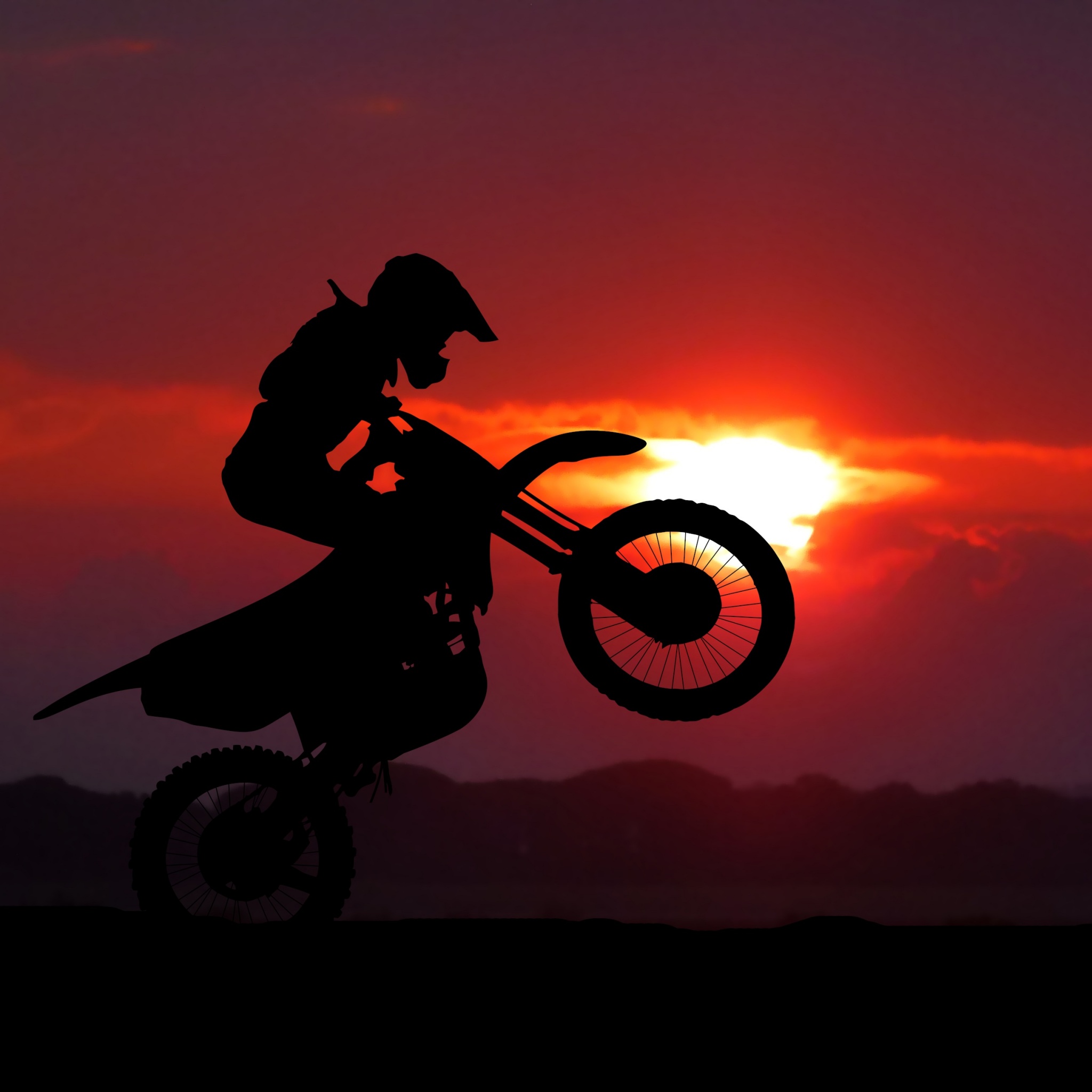 What is the title of this picture ? Motocross Motorcycle Wallpaper 4K, Motorcycle stunt, Silhouette, Sunset