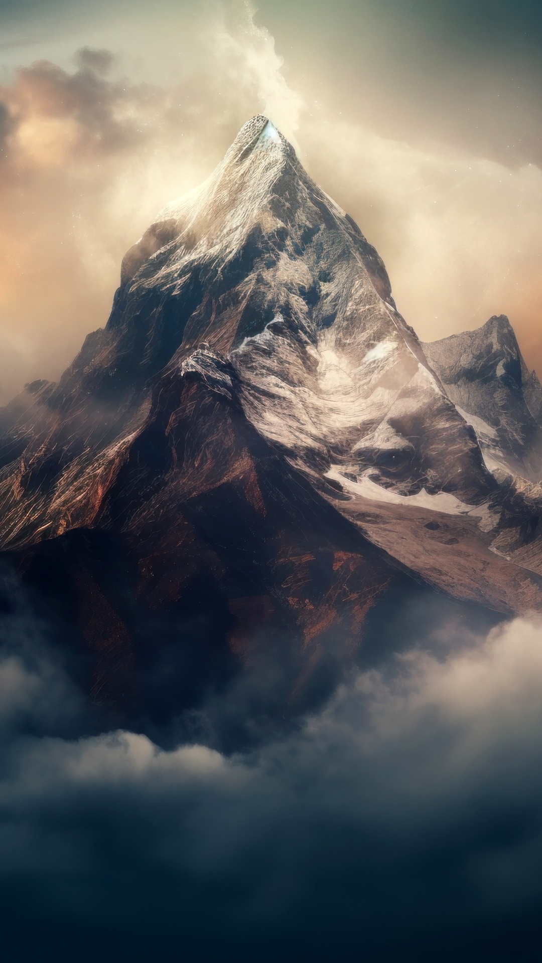 Premium Photo | Awesome landscape with sunlit rocky pinnacle on background  of high snowy mountains in low clouds. atmospheric alpine scenery with  sharp rock and giant snowy mountain in cloudy sky. scenic