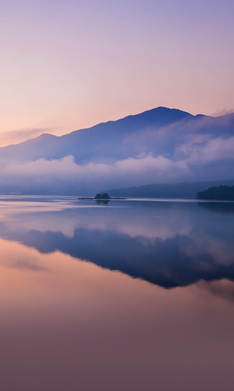 Mountain Wallpaper 4K, Sunrise, Foggy, Lake, Reflection