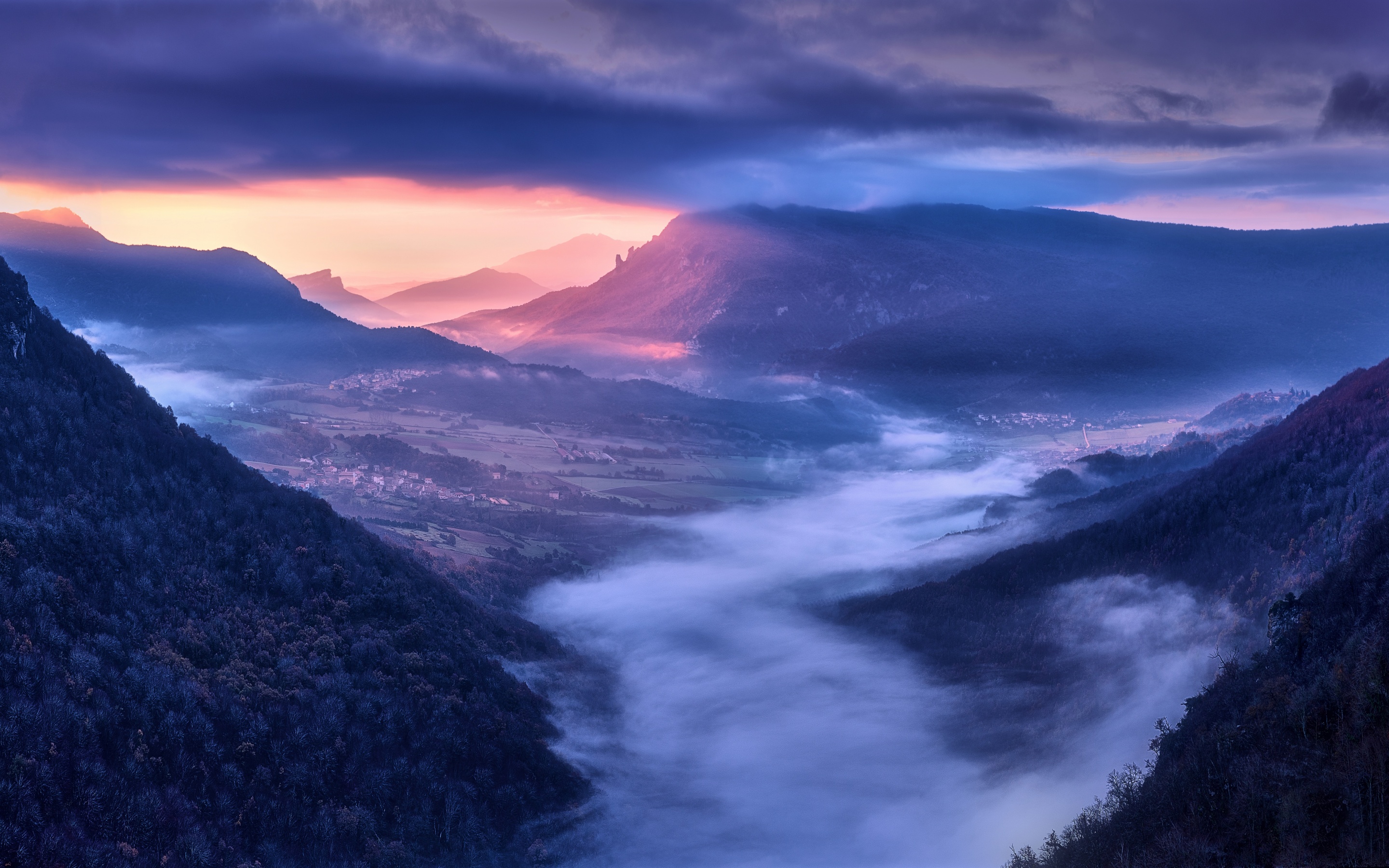 The Sun Rises Over A Mountain In A Foggy Valley Background, Autumn