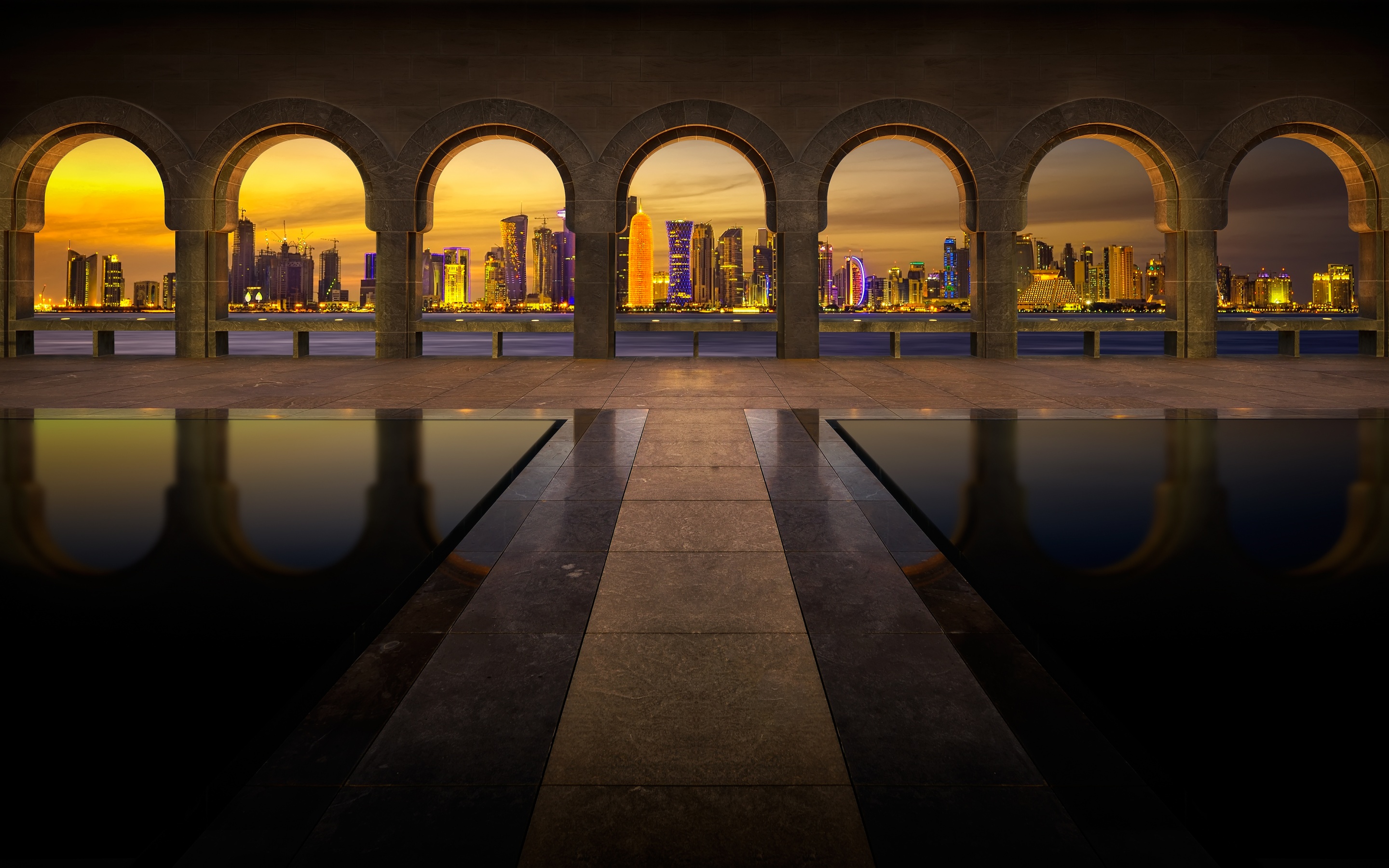 Museum of Islamic Art Wallpaper 4K, Doha, Qatar, Arches, City lights