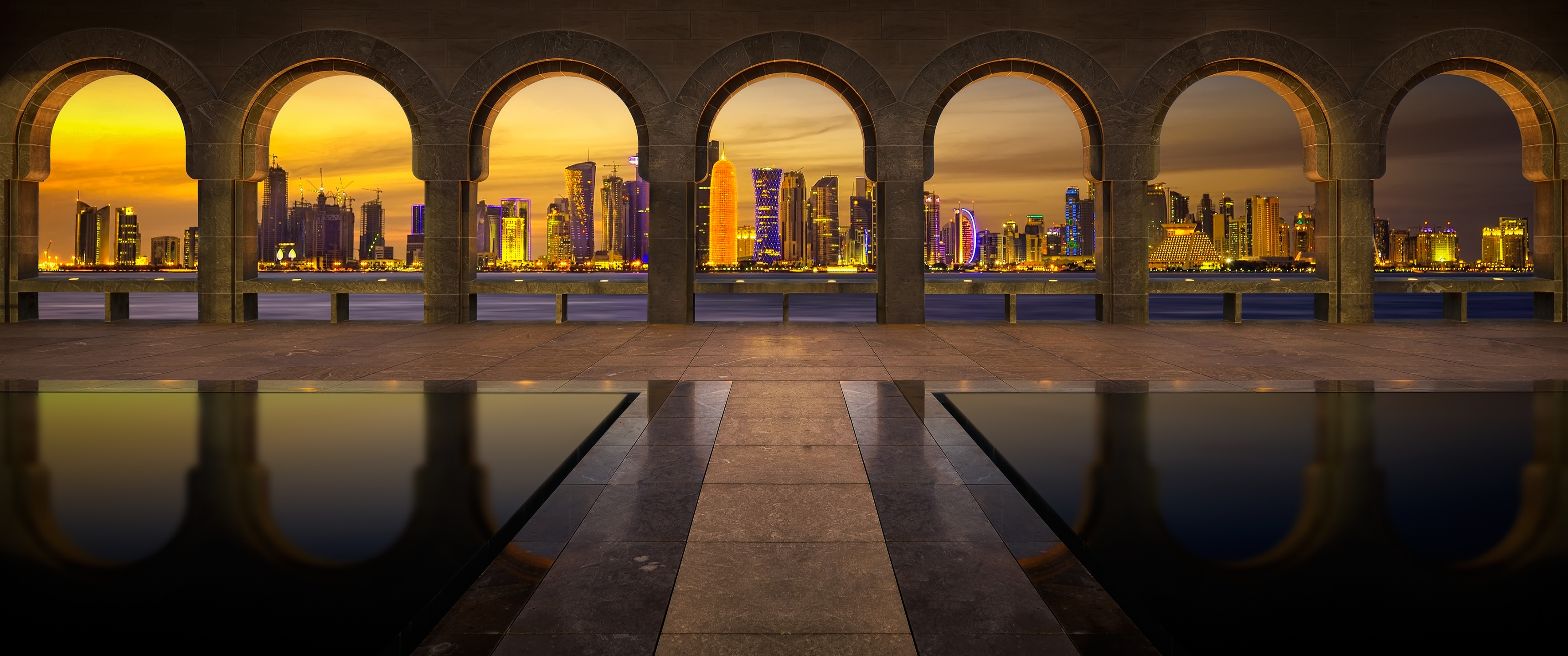 Museum of Islamic Art Wallpaper 4K, Doha, Qatar, Arches, City lights