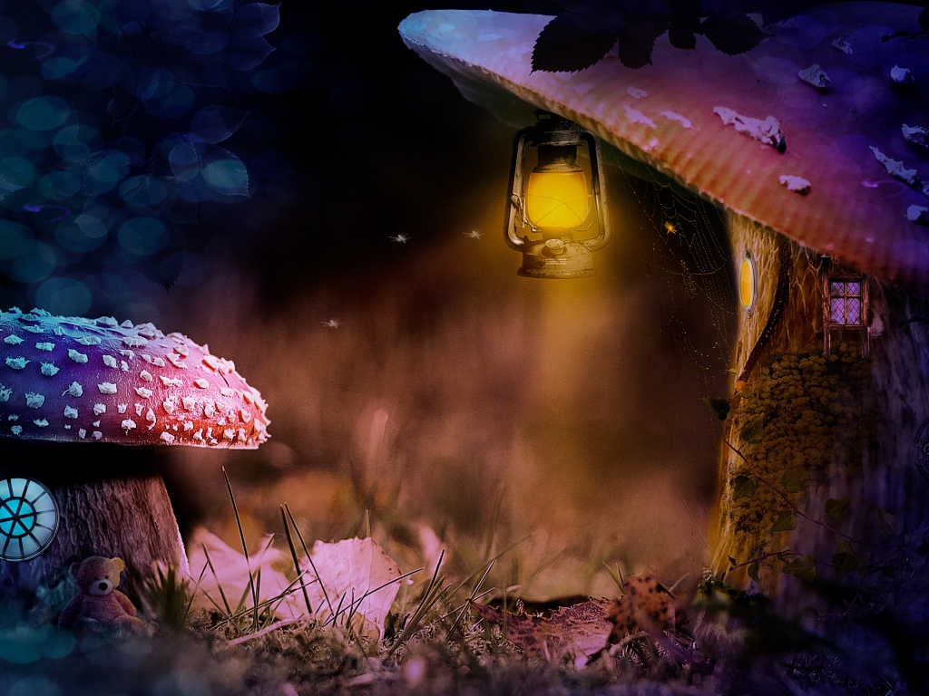Mushroom house Wallpaper 4K, Lantern, Teddy bear, Surreal, 5K