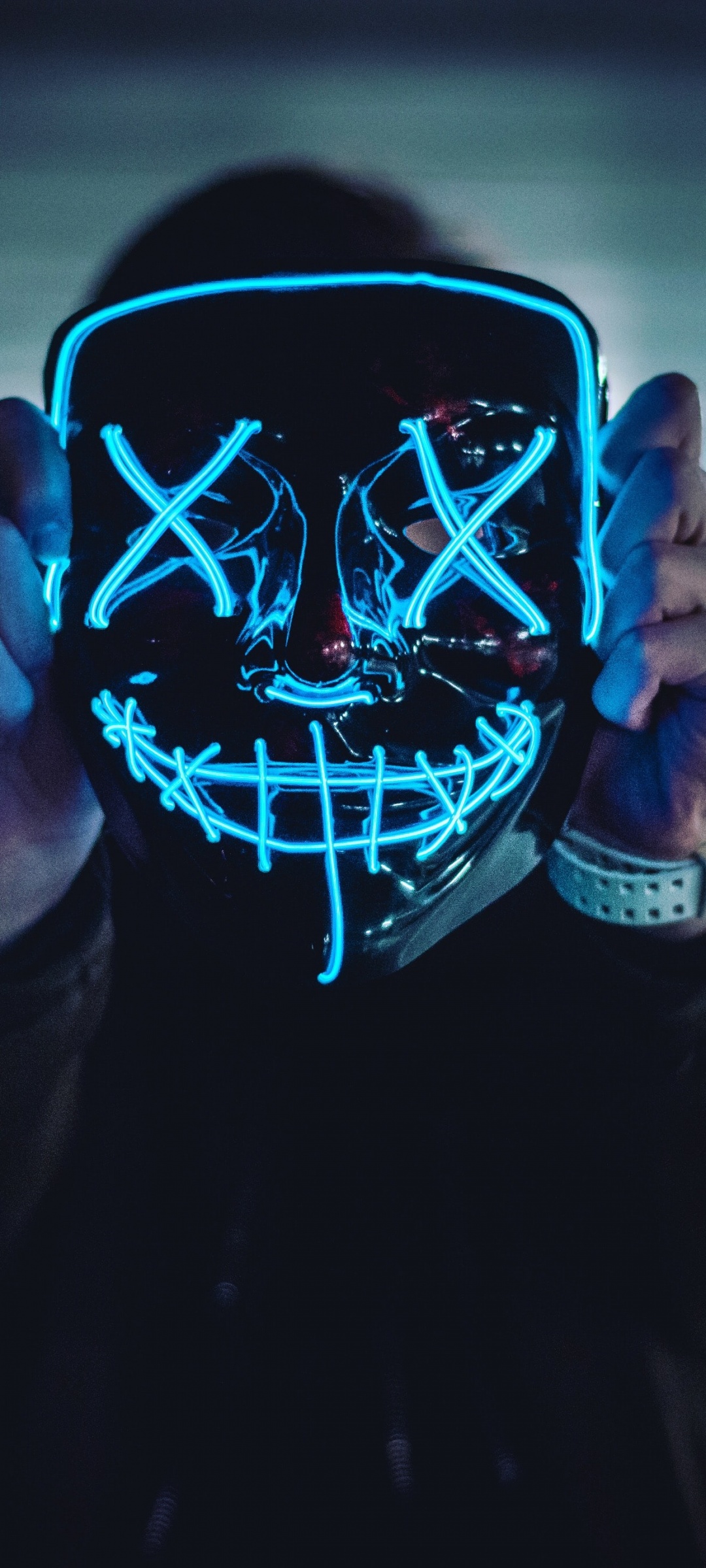 Neon Mask Wallpaper 4K, Blue Lights, Portrait, Photography, #2159