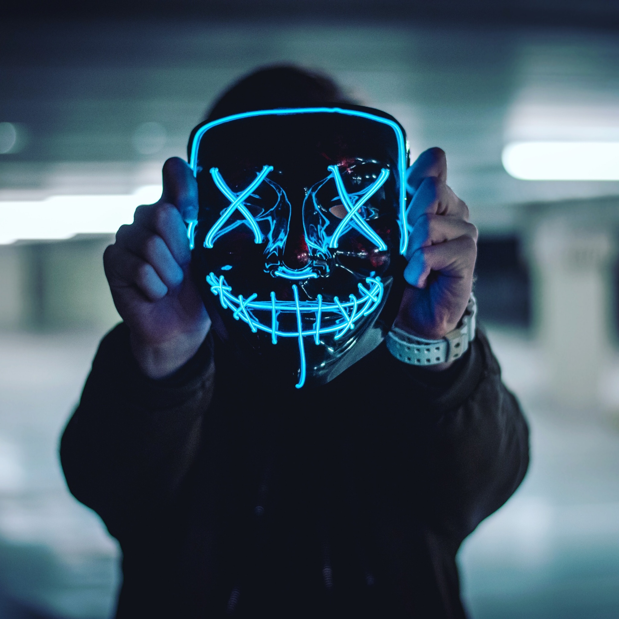 Neon Mask Wallpaper 4K, Blue Lights, Portrait, Anonymous, Face Mask