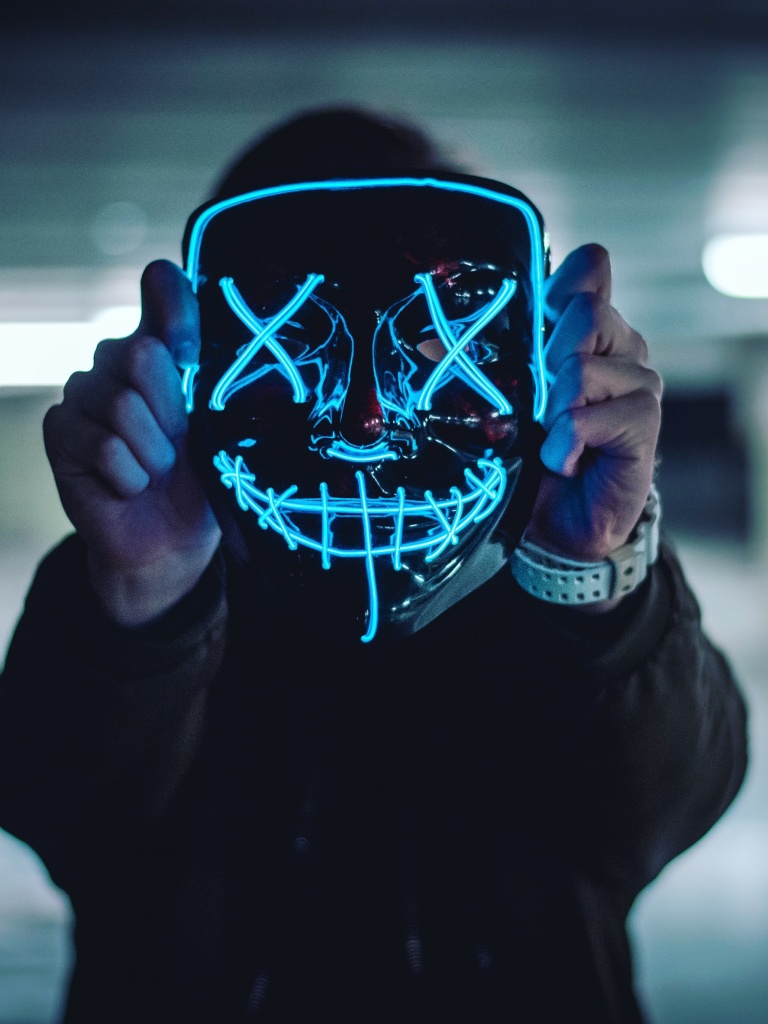Neon Mask Wallpaper 4K, Blue Lights, Portrait, Anonymous, Face Mask