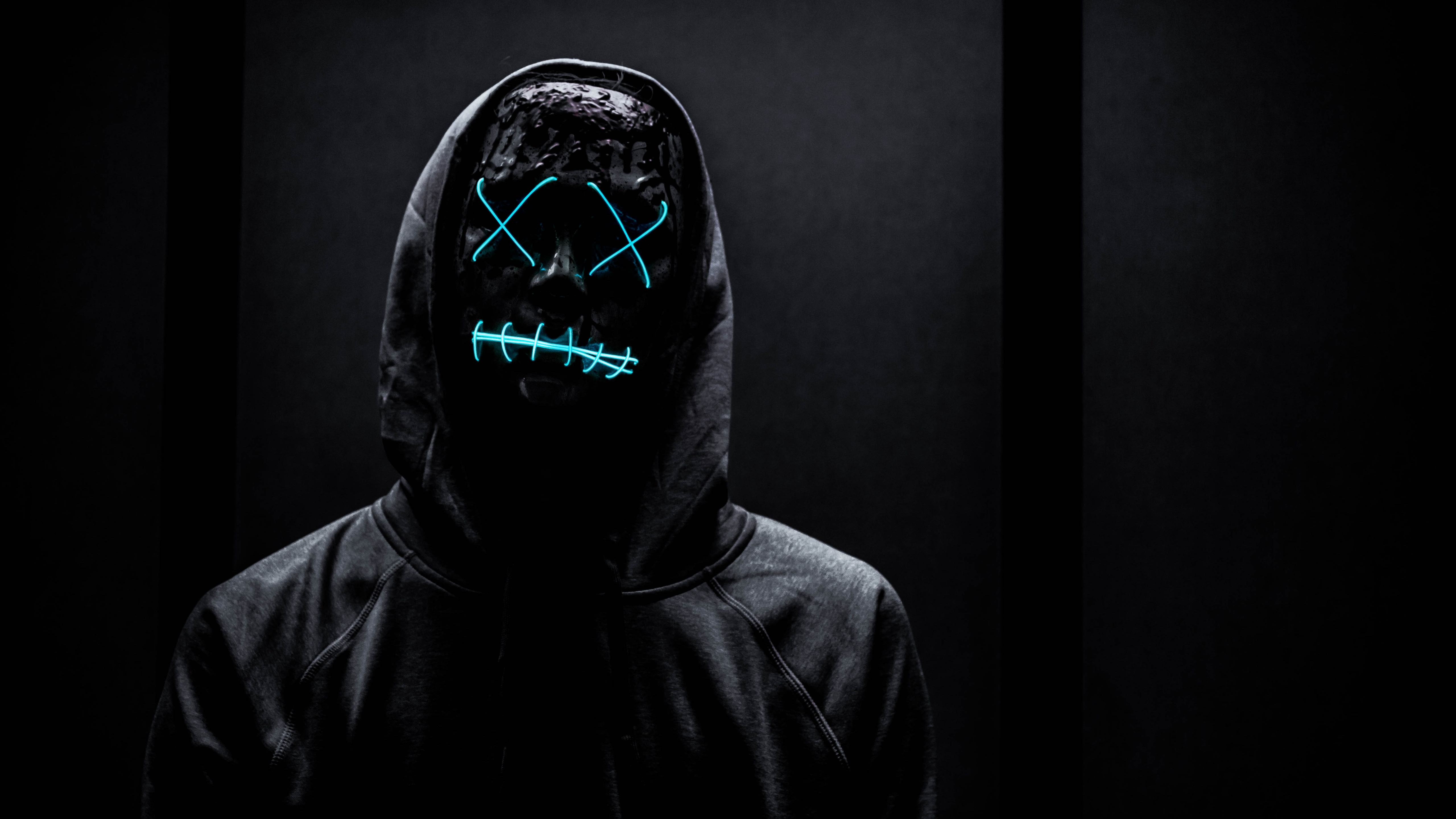 Neon Mask Wallpaper 4k Man In Black Dark Background Hoodie