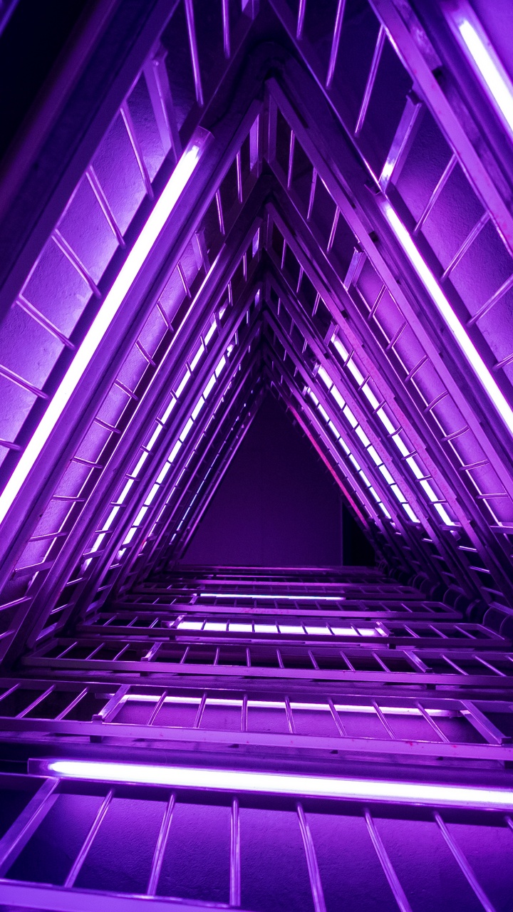 Neon Triangle Wallpaper 4K, Purple light, Low Angle
