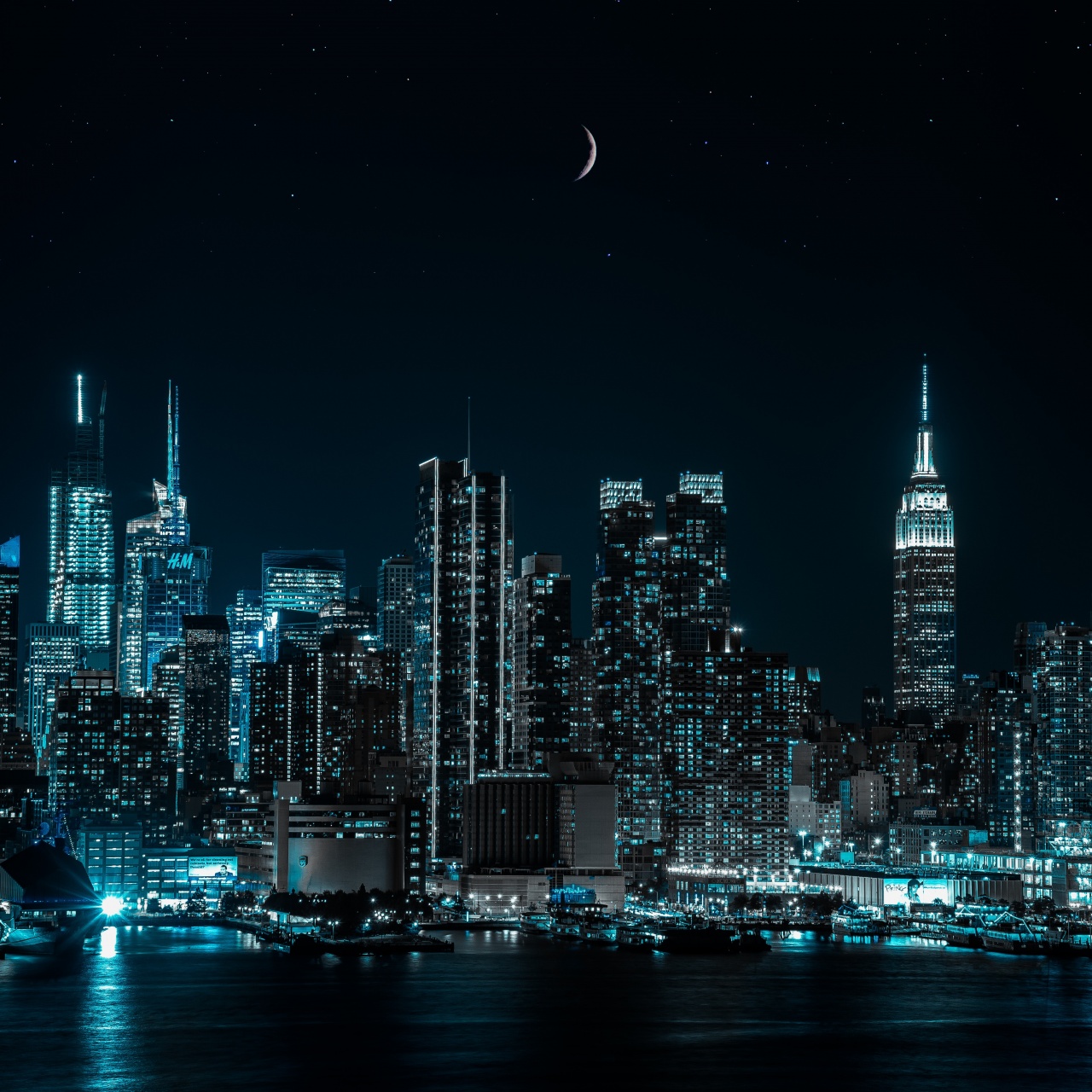 New York City Wallpaper 4K, Half moon, Cityscape, Night