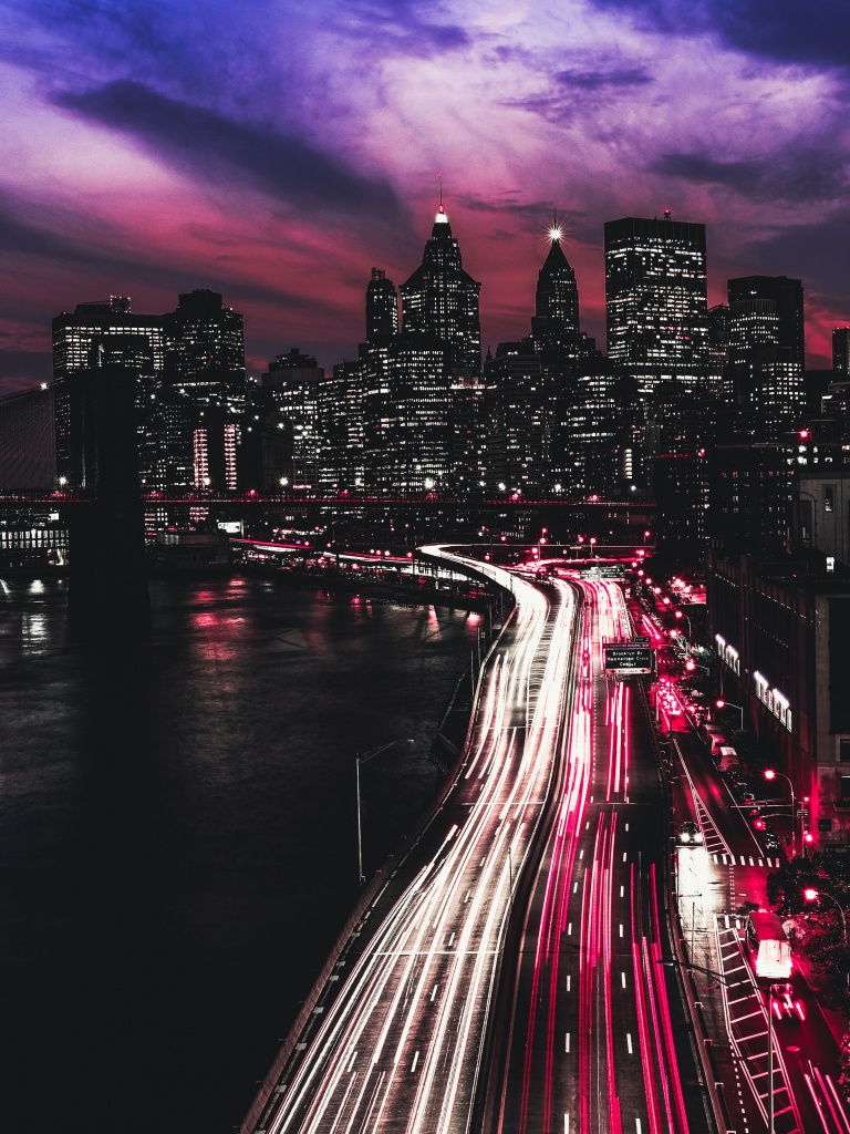 New York City 4K Wallpaper, Manhattan, Traffic lights, Light trails