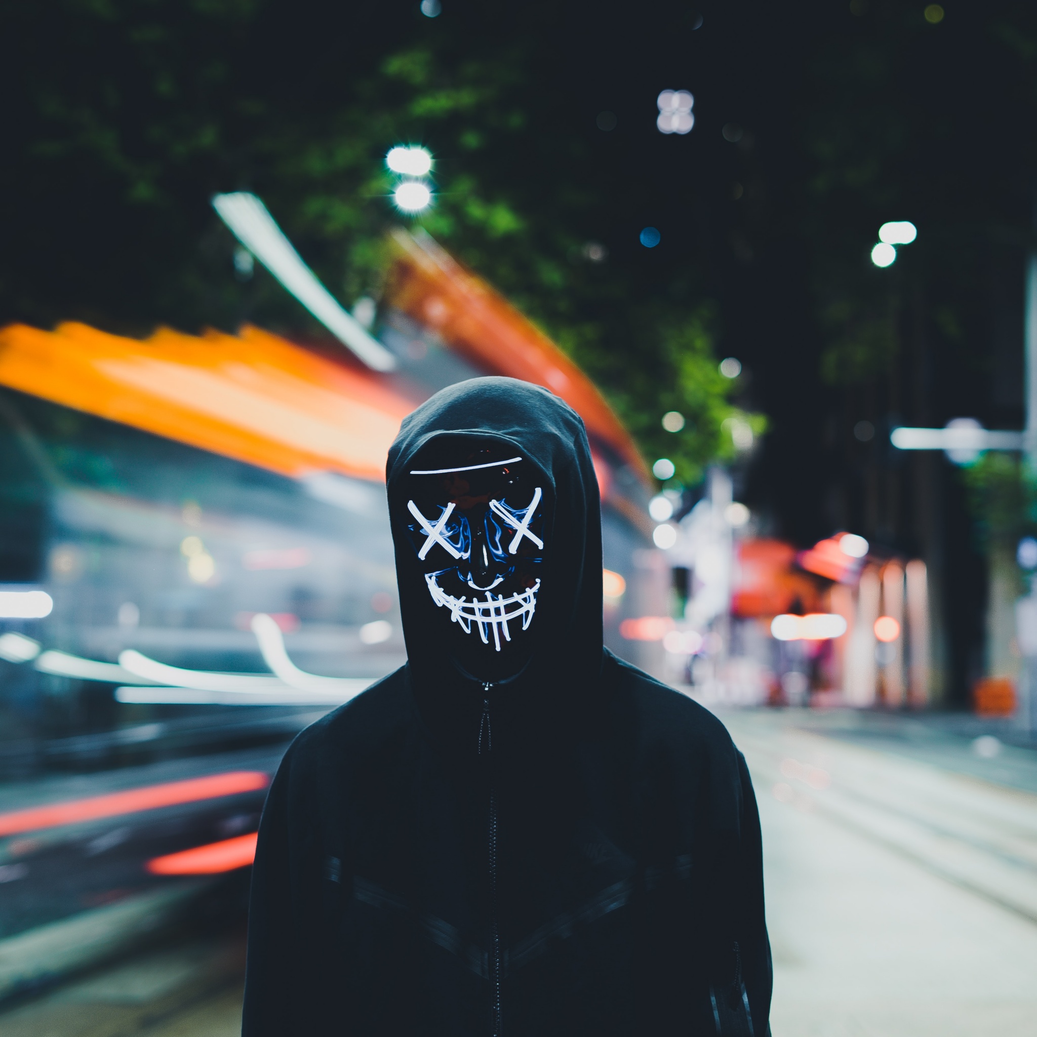 Persons in Mask Wallpaper 4K, Neon Mask, Black Hoodie