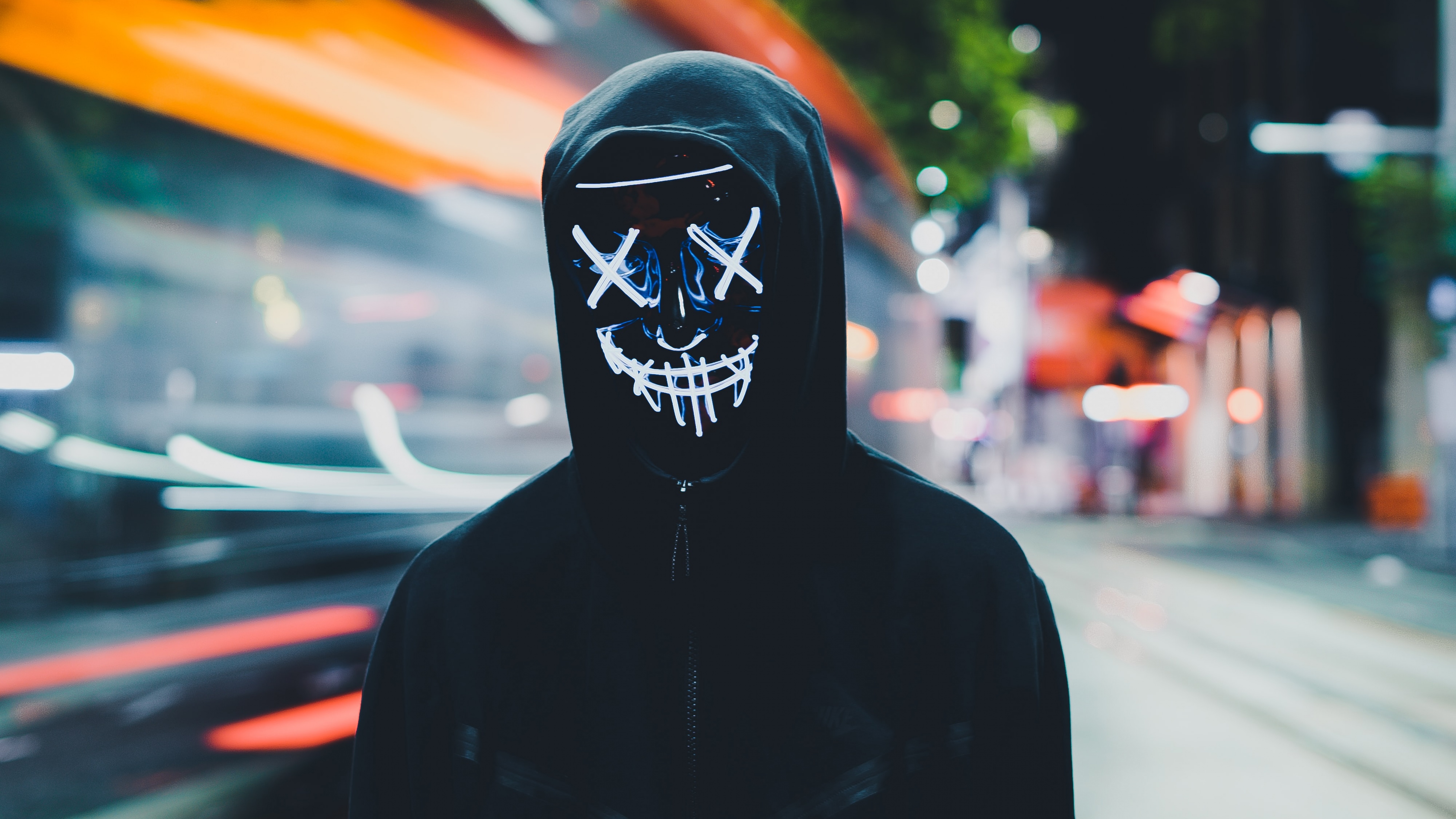 Persons in Mask Wallpaper 4K, Neon Mask, Black Hoodie, Photography, #4598