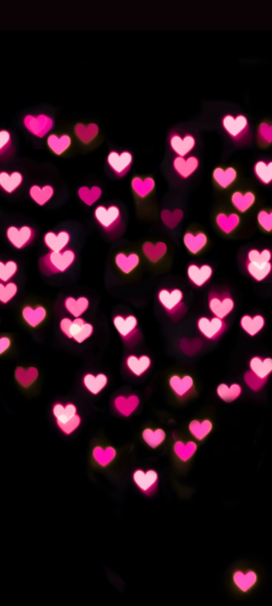 Pink hearts 4K Wallpaper, Black background, Bokeh, Glowing lights