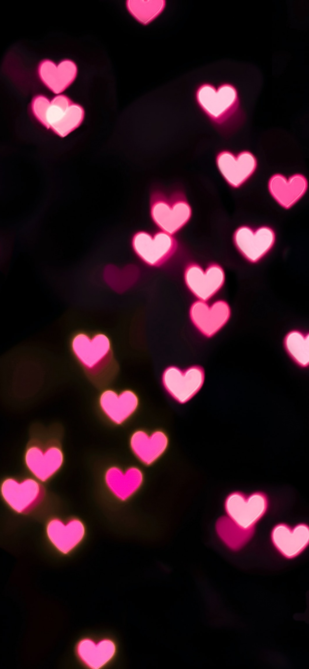 Pink hearts Wallpaper 4K, Black background, Bokeh, Glowing lights, Vibrant, Black/Dark, 3409