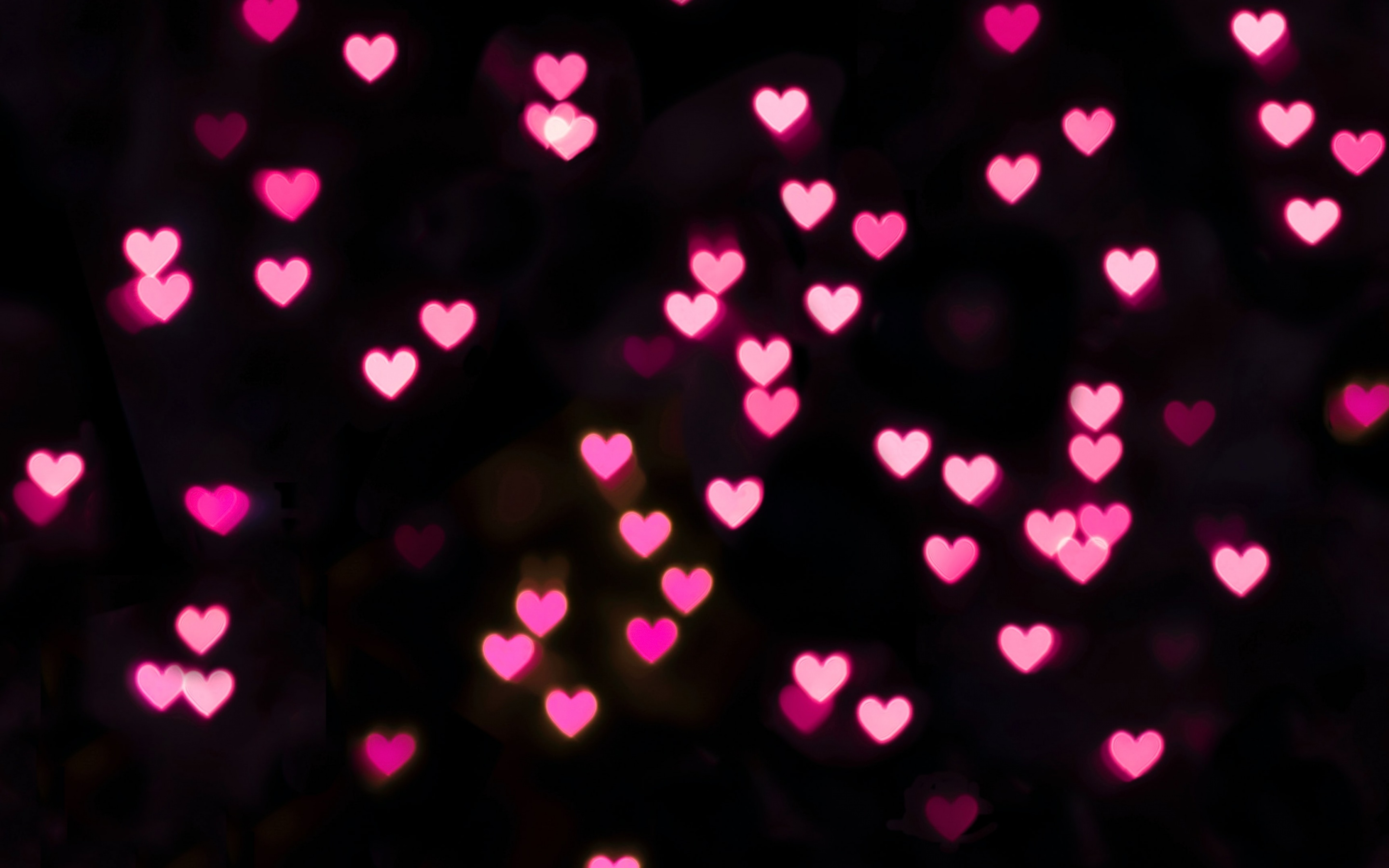 Pink hearts Wallpaper 4K, Black background, Bokeh, Glowing lights