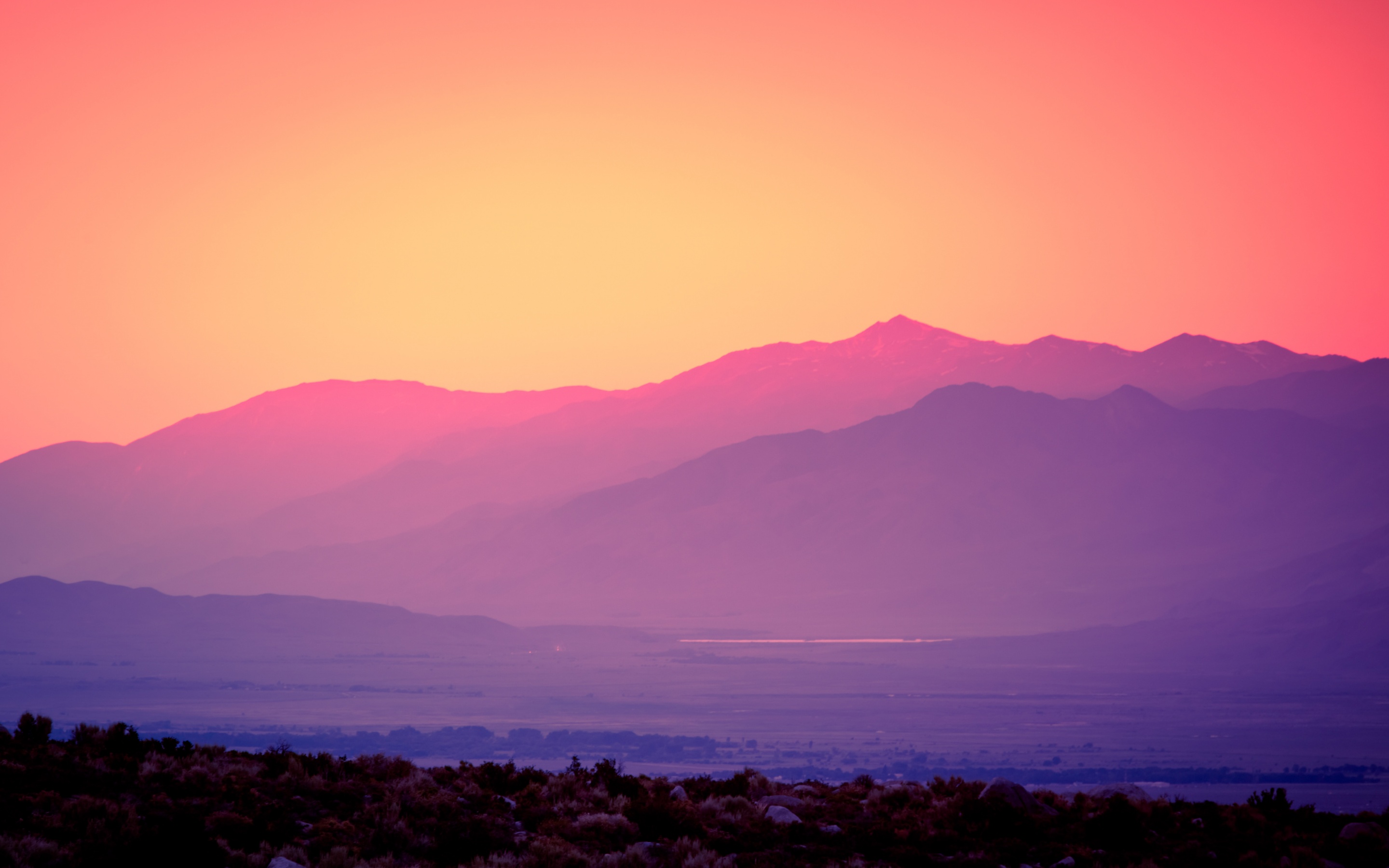 Pink sky Wallpaper 4K, Sunset, Gradient, Mountains, Landscape, Nature
