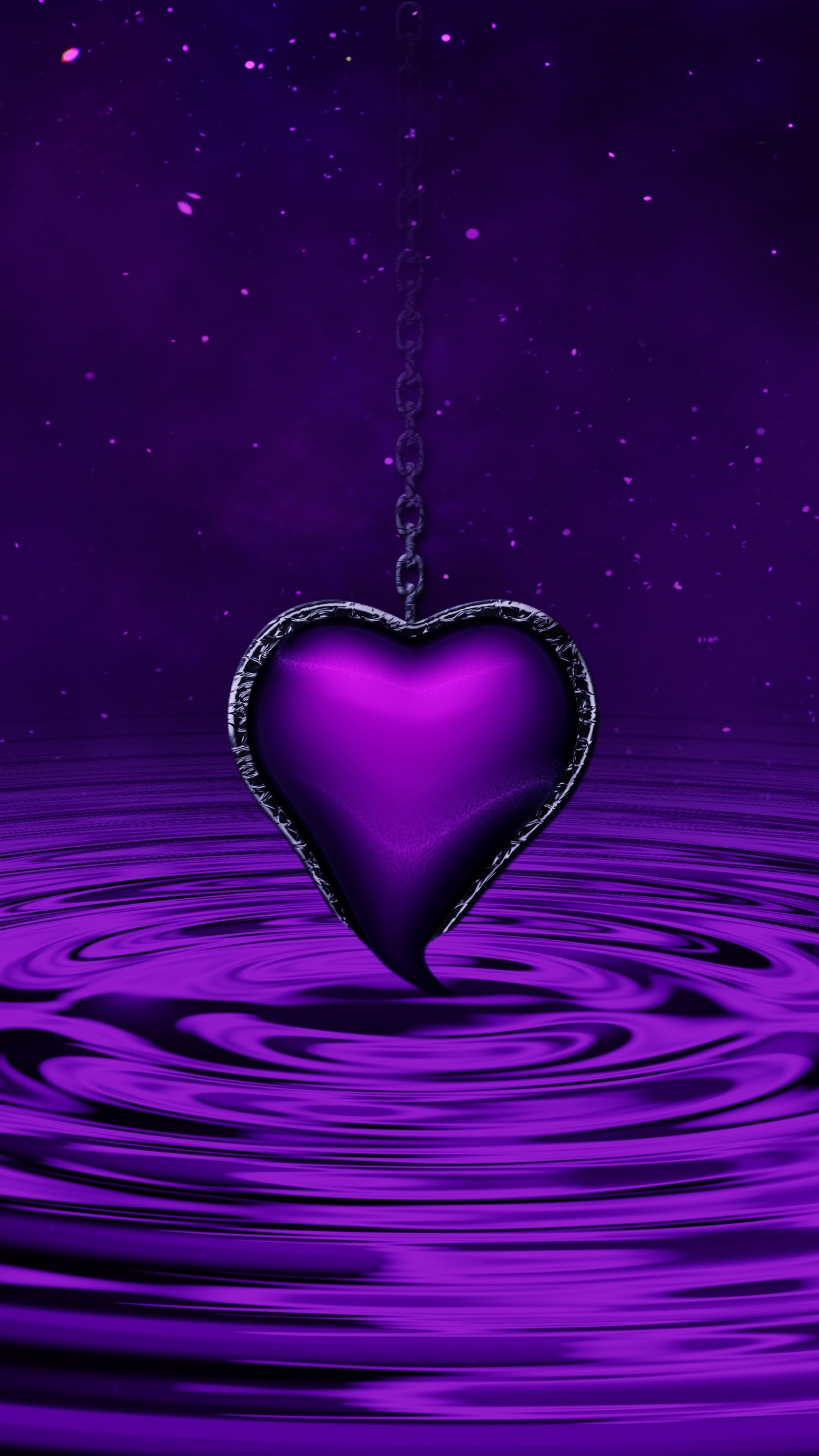 Purple Heart Wallpaper 4K, Water, Waves, Stars, Chain, Purple