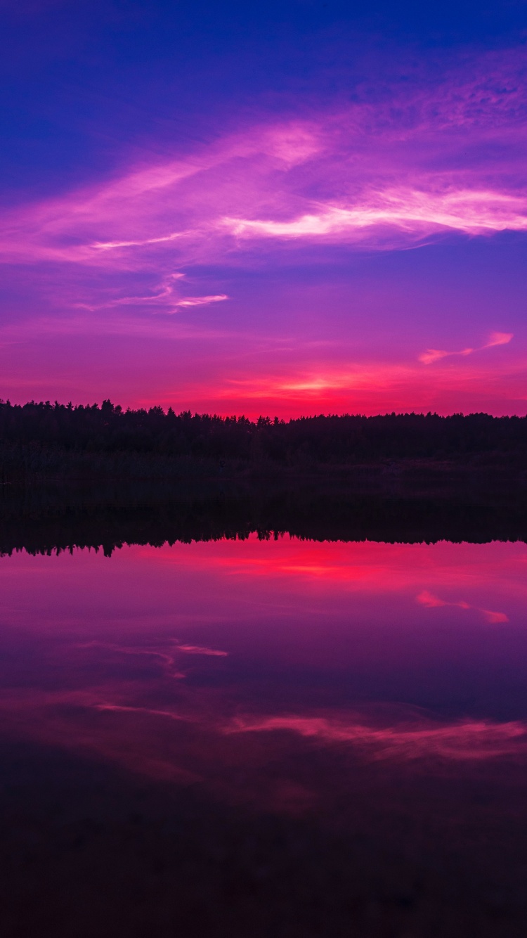 Purple sky Wallpaper 4K, Sunset, Body of Water, Lake