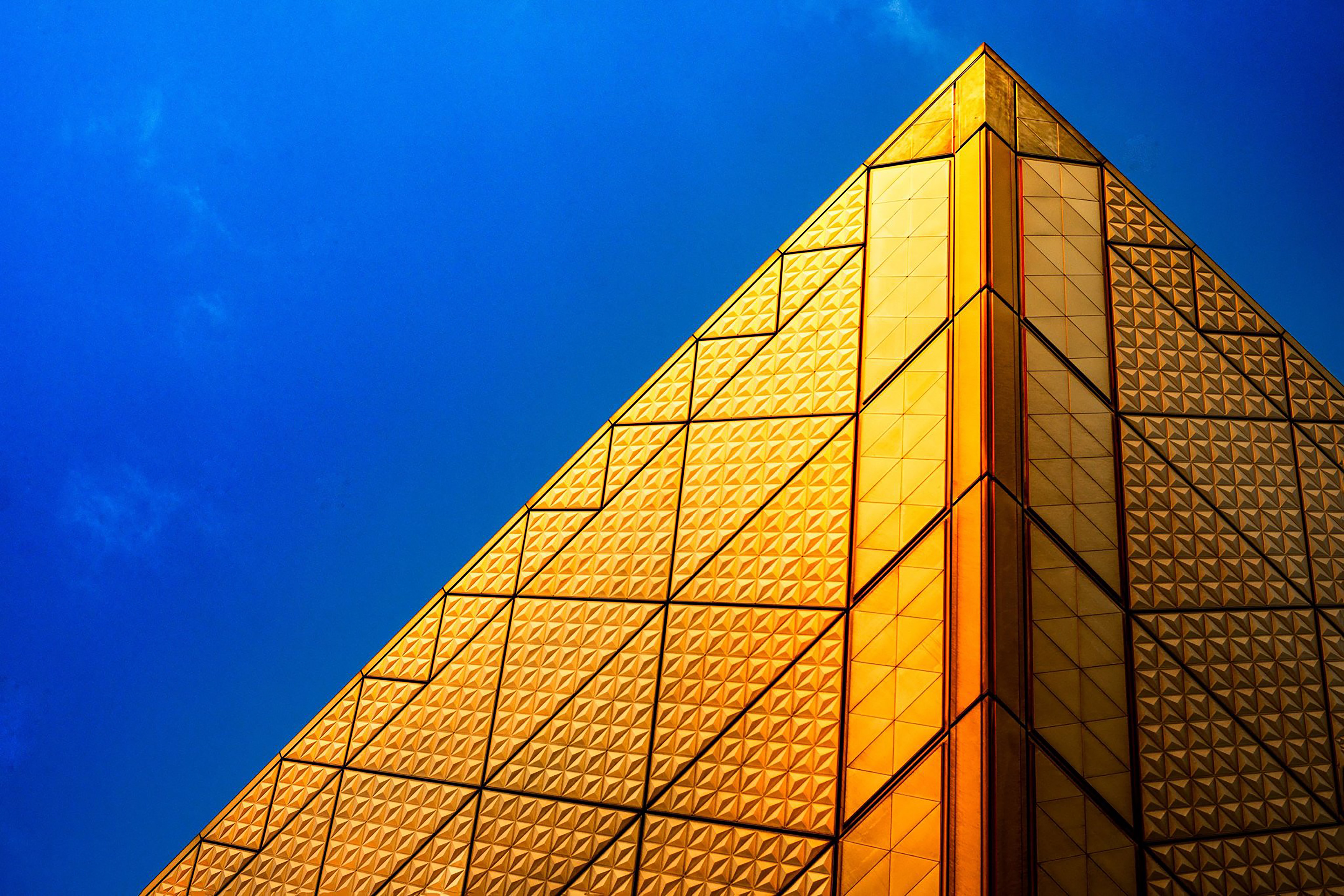 Pyramid Structure 4K Wallpaper, Golden, Blue Sky, Modern architecture