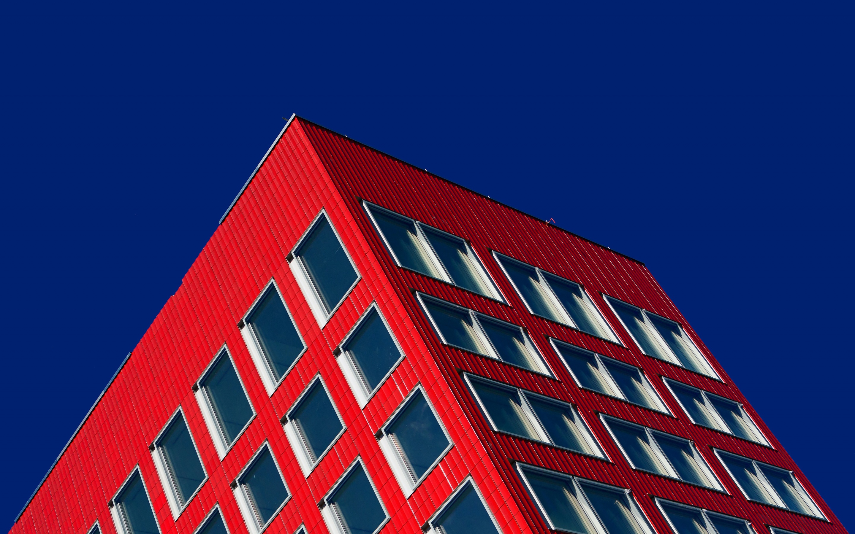 Red Building Wallpaper 4K, Blue Sky, Clear sky, Geometric, Architecture