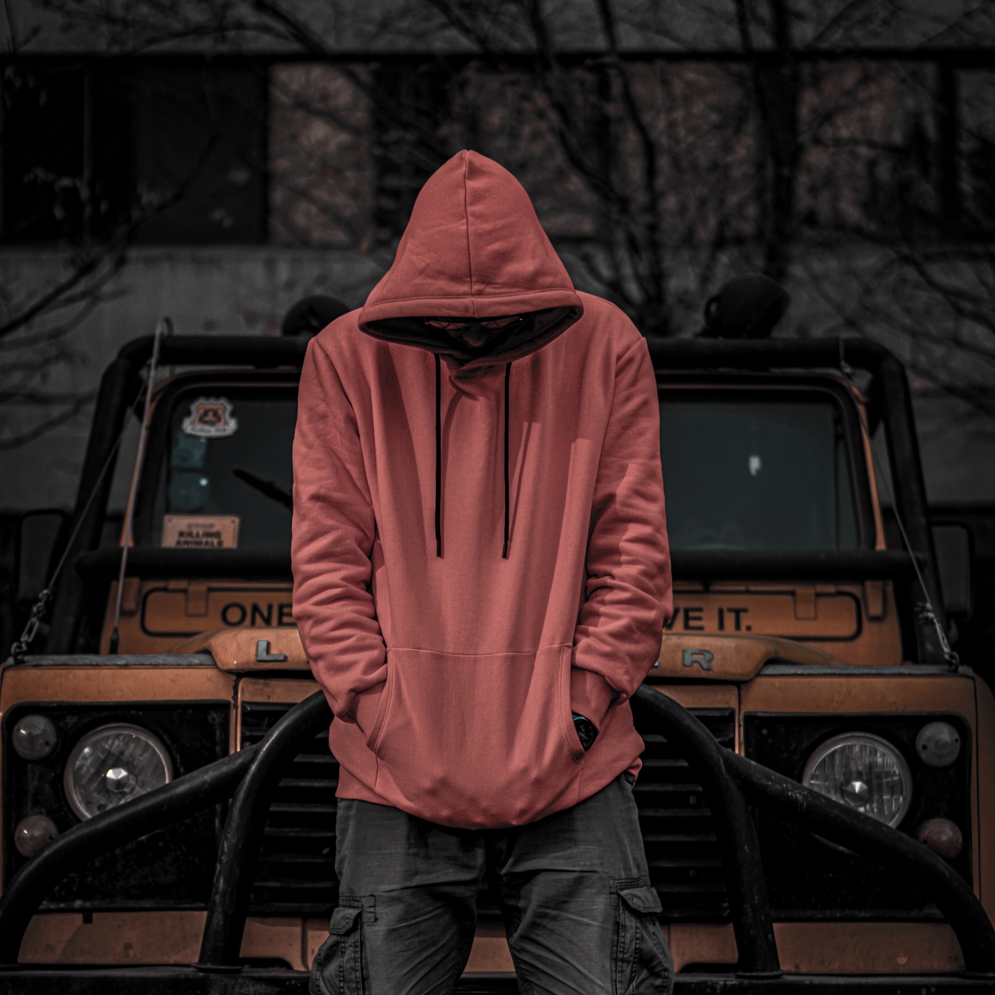 Red Hoodie 4K Wallpaper, Jeep, Standing, Men, Style, Sweatshirt, 5K
