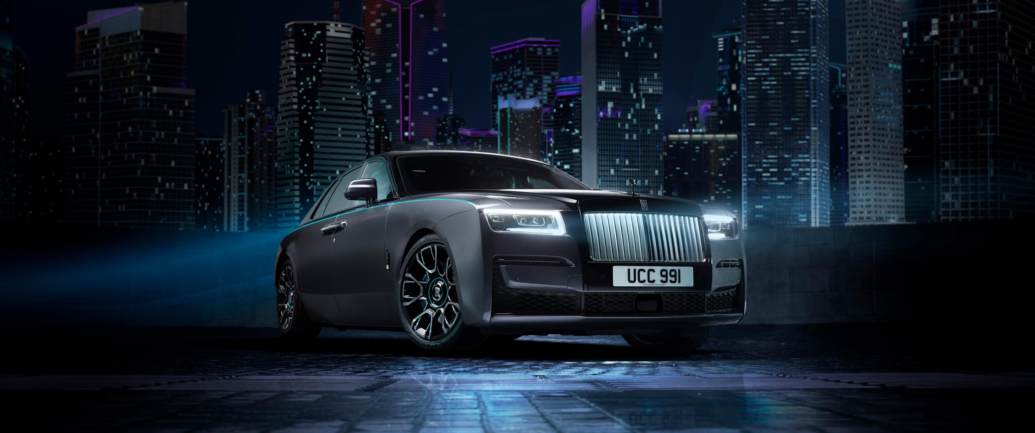 Rolls-Royce Ghost Black Badge Wallpaper 4K, 2021, Night, Car lights, Black/Dark,  #6838
