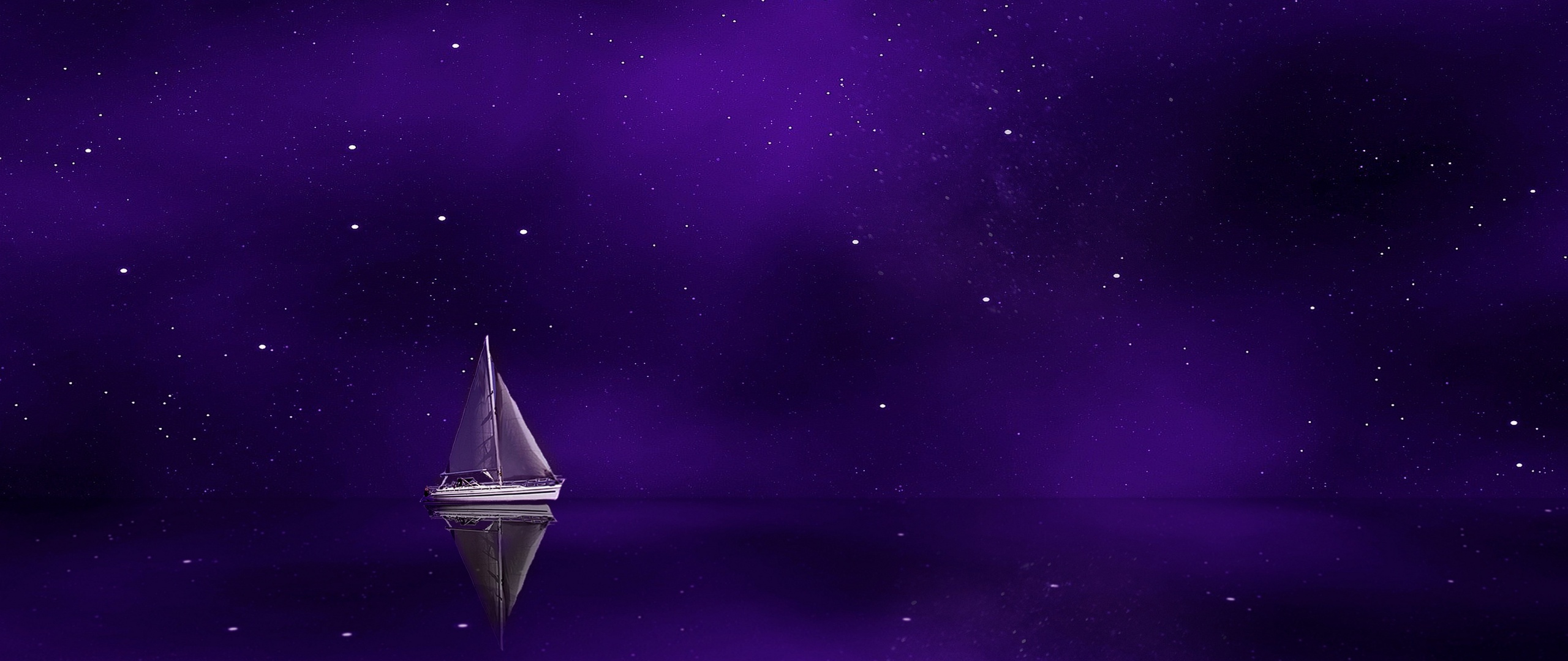 sailing boat ship purple background stars 2560x1080 2063