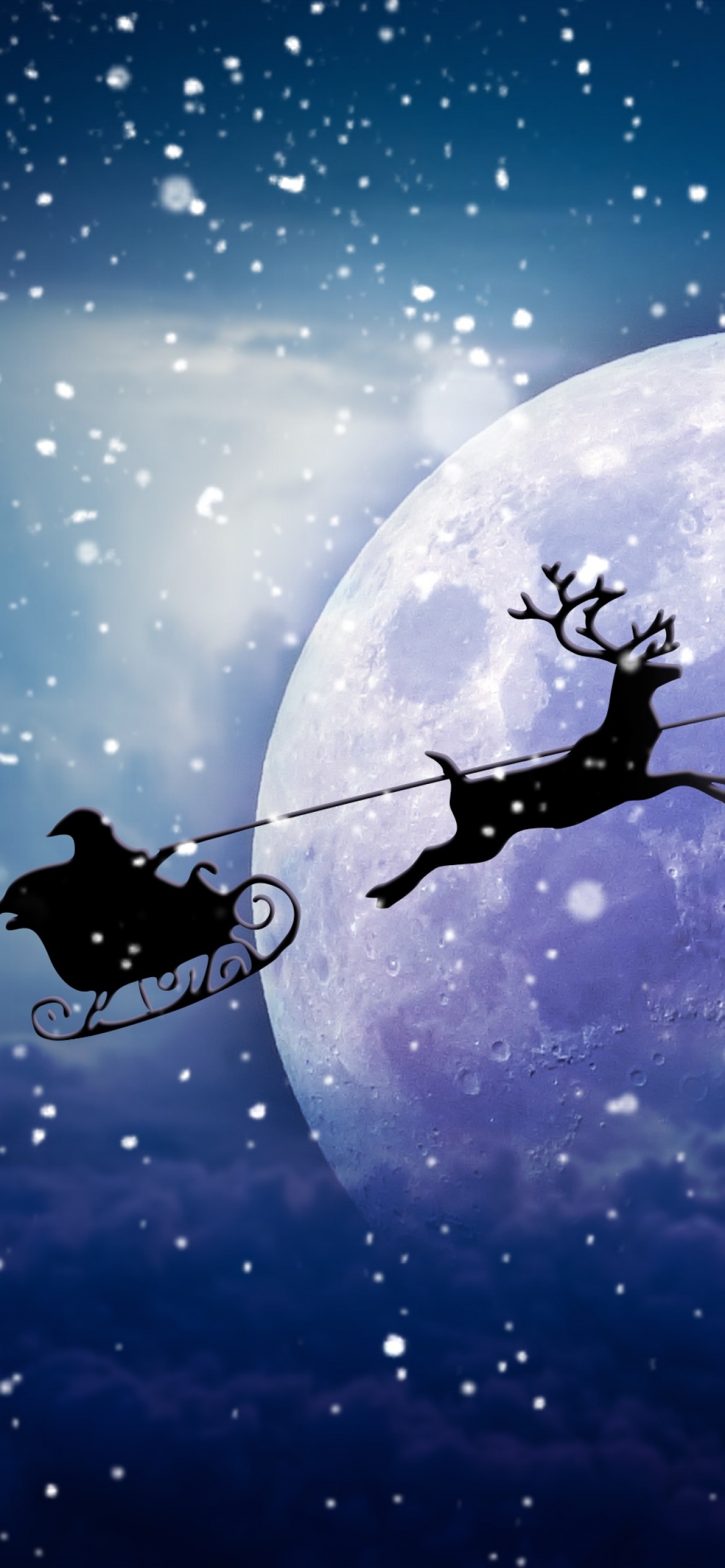 Santa Claus chariot Wallpaper 4K, Moon, Snowfall, Winter, Reindeer