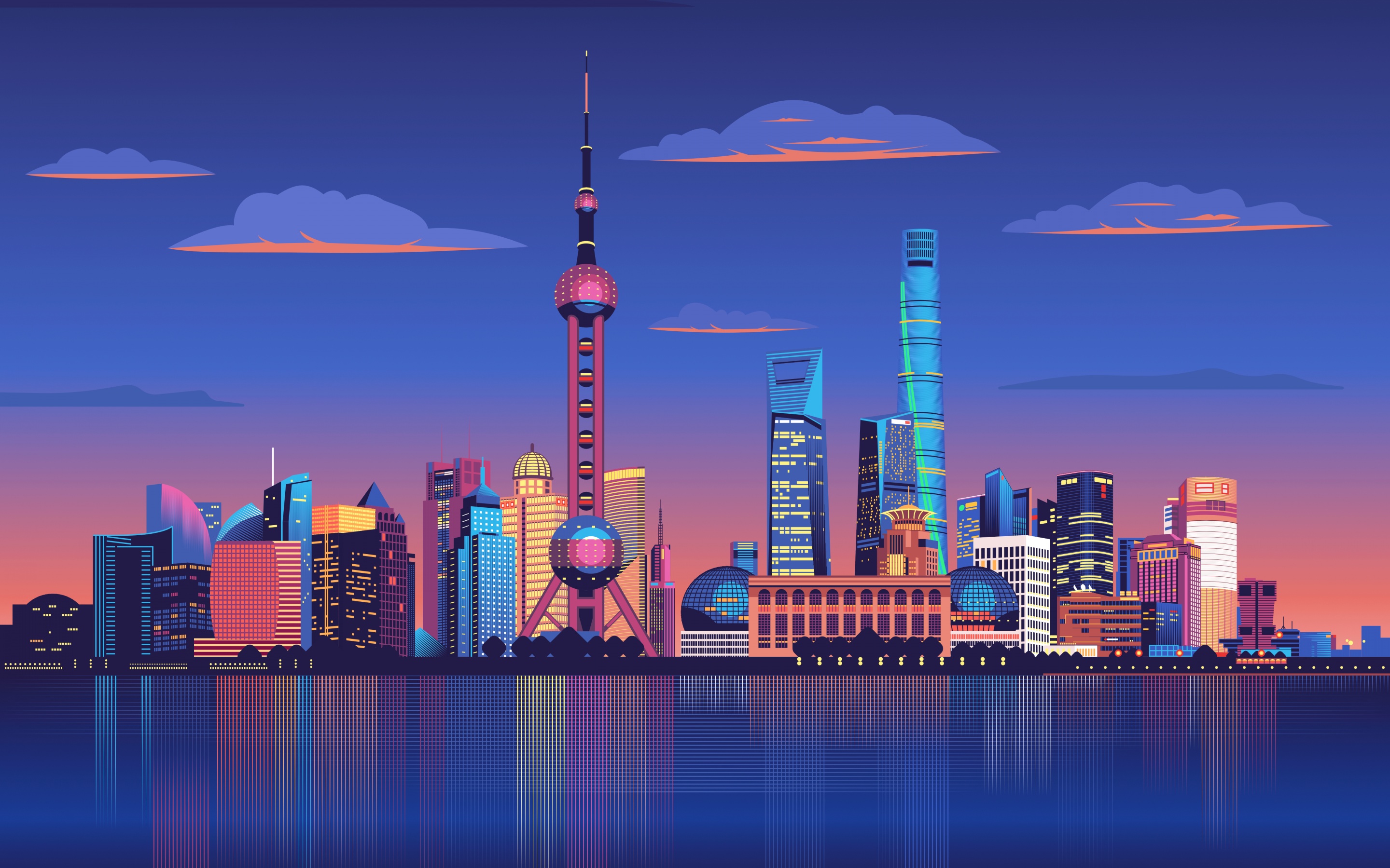 Shanghai City Wallpaper 4K, Illustration, Shanghai Night