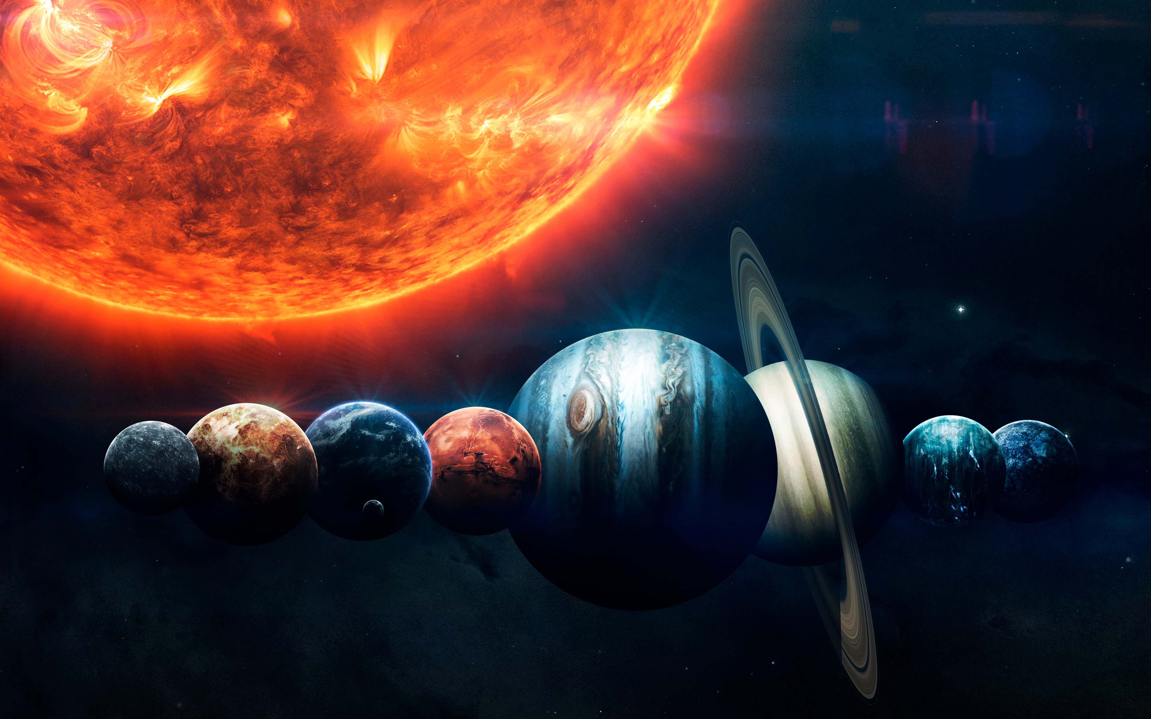 Solar system Wallpaper 4K, Planets, Sun, Orange, Stars