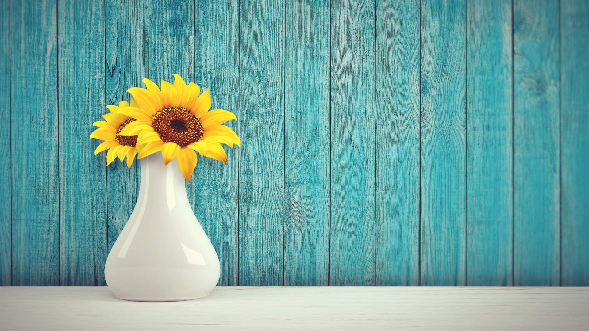 Sunflowers Wallpaper 4K, Flower vase, Wooden background, Teal, Flowers