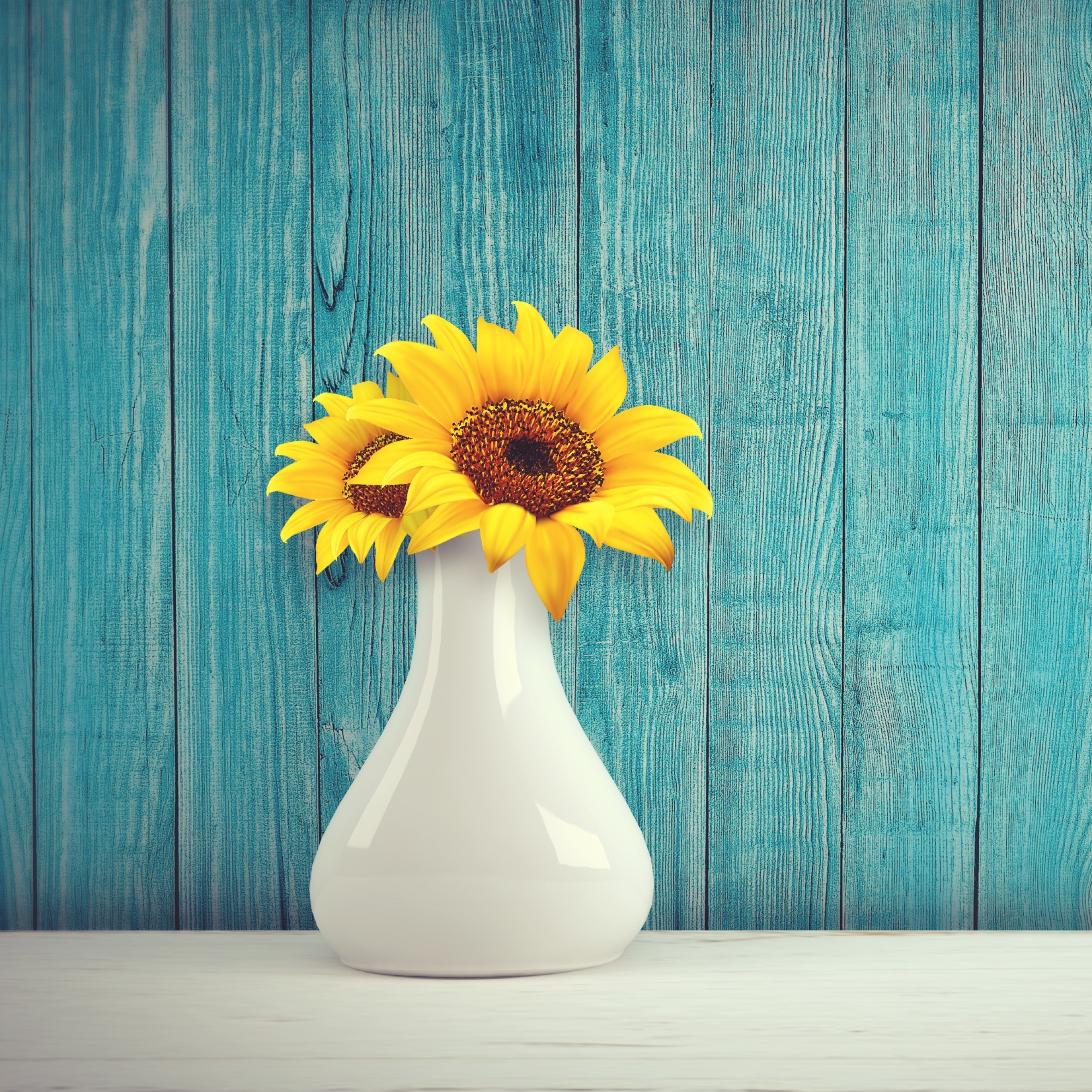 Sunflowers Wallpaper 4K, Flower vase, Wooden background, Teal, Flowers