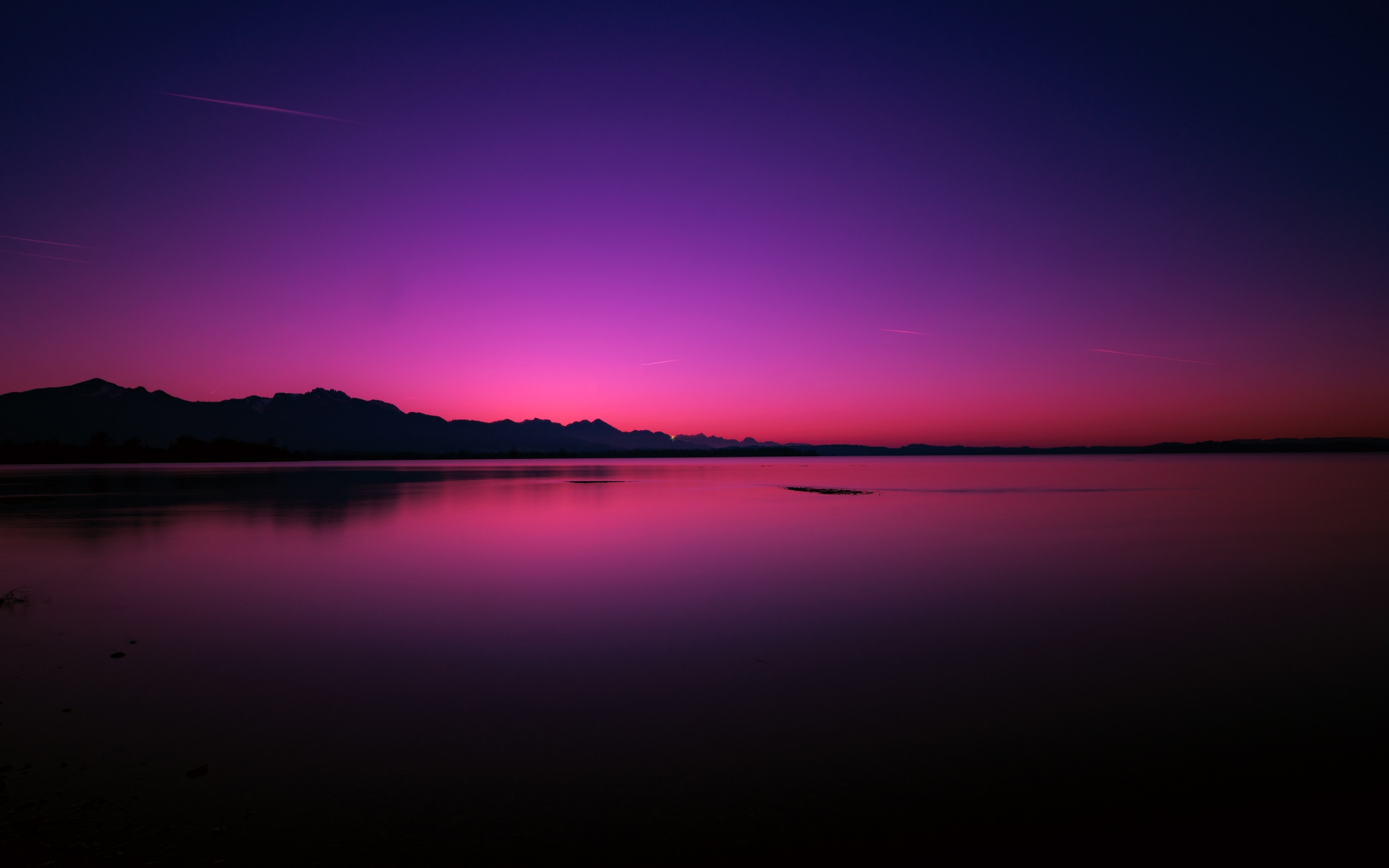 What is the title of this picture ? Sunset Wallpaper 4K, Lake, Dusk, Purple sky, Reflection, Dawn, Nature, #329