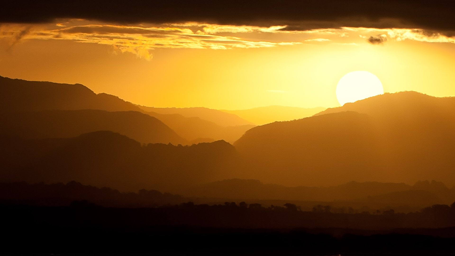 Sunset 4K Wallpaper, Landscape, Mountains, Yellow sky, Silhouette