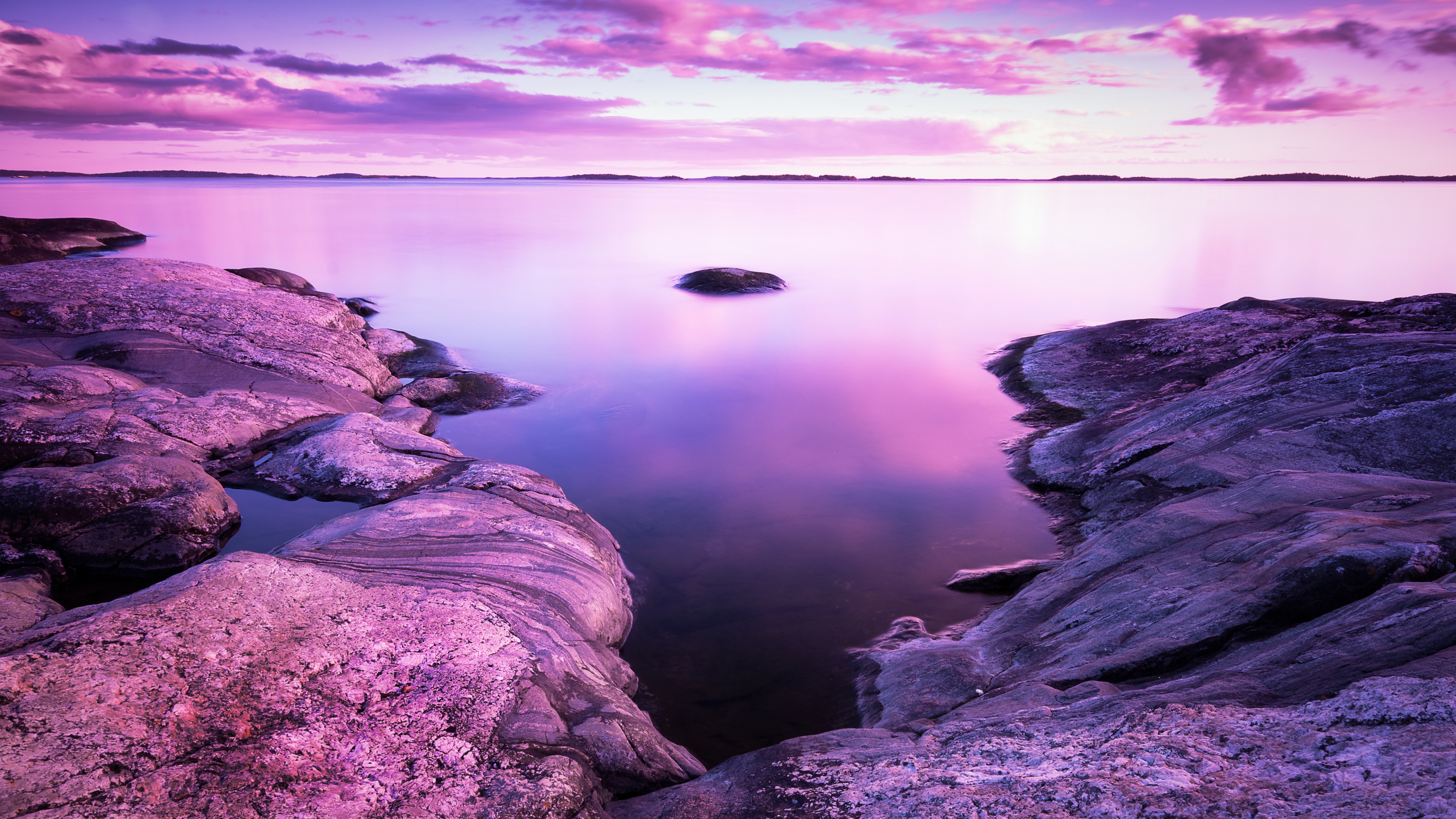 4K Wallpaper Sunset, Scenery, Rocks, Lake, Purple sky, 8K, Nature, #91