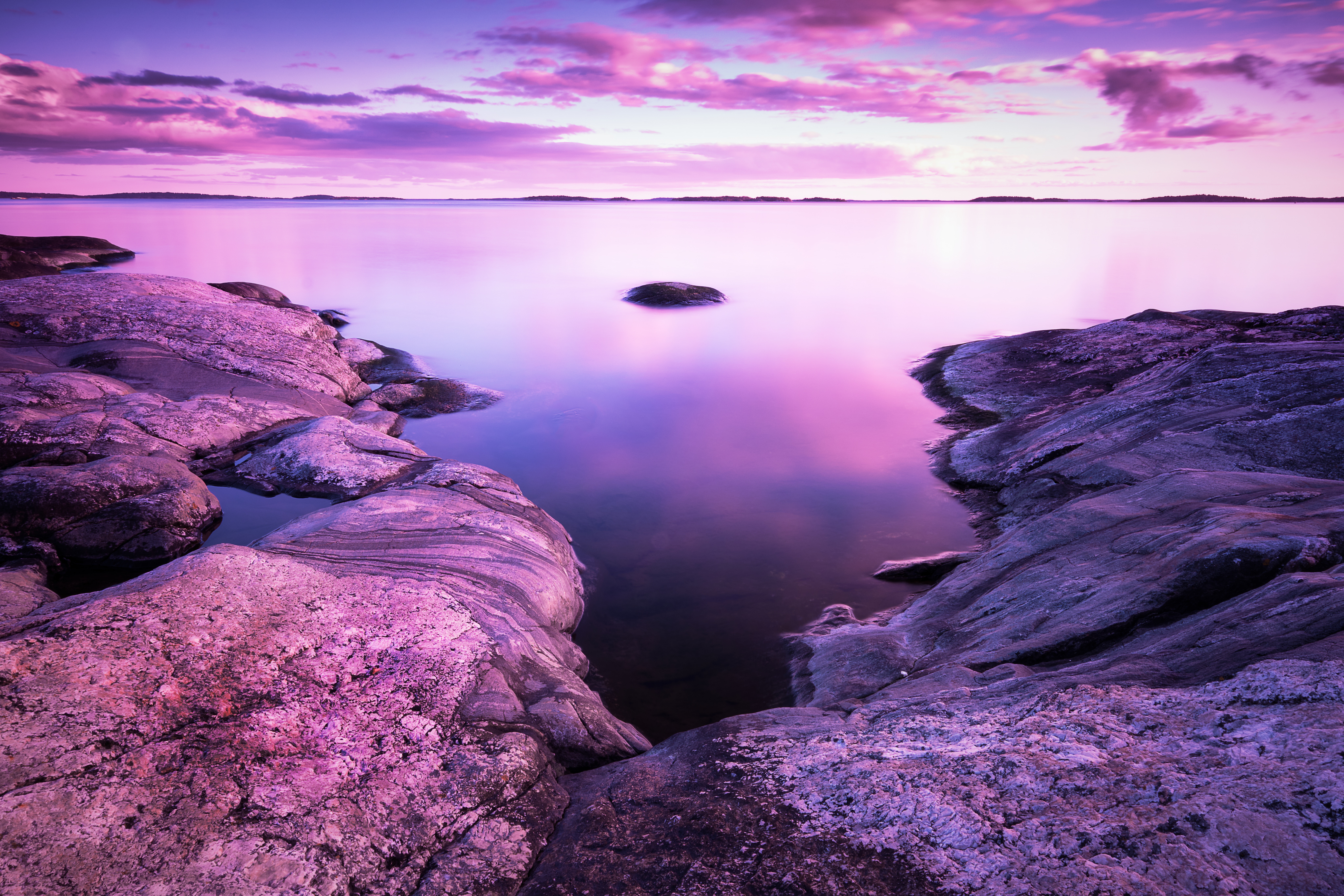 Sunset Wallpaper 4K, Scenery, Rocks, Lake, Purple sky, Pink, 8K, Nature
