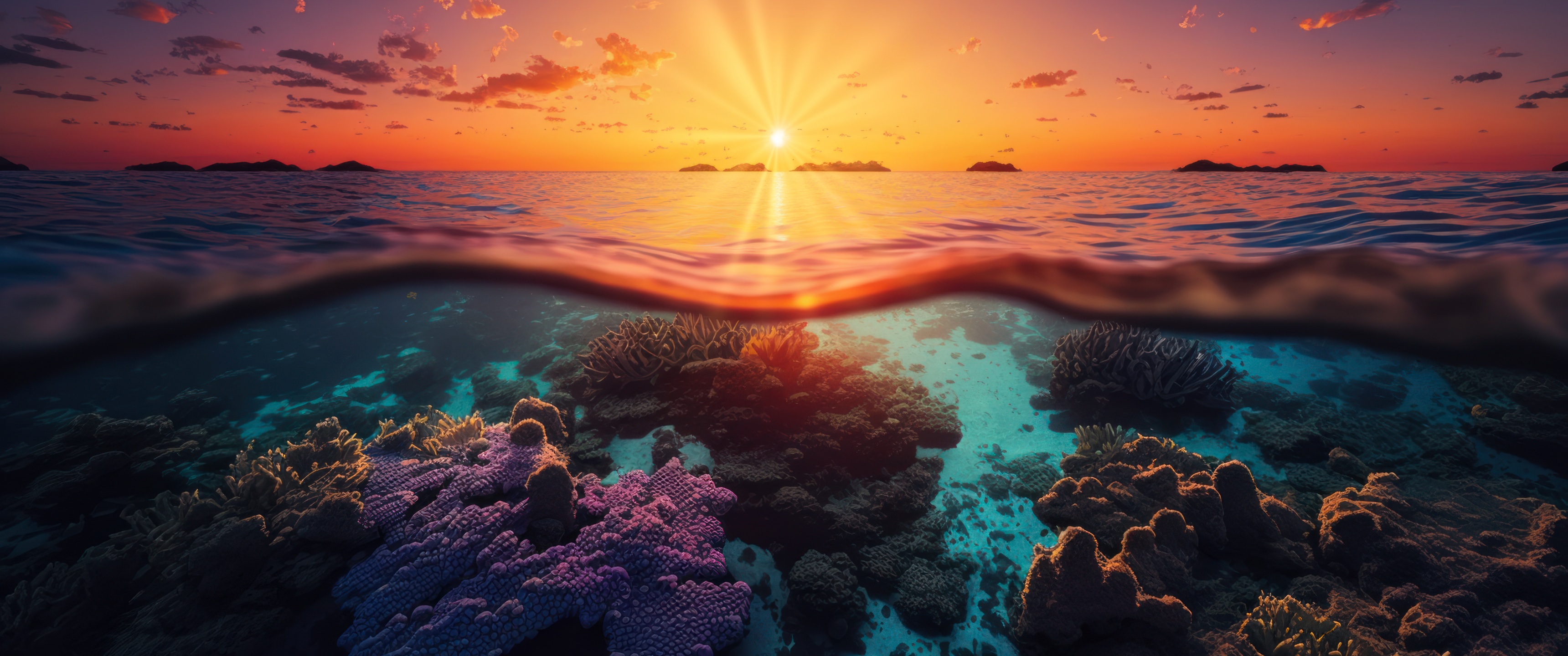 Sunset Wallpaper 4K, Underwater, Coral reef, Seascape