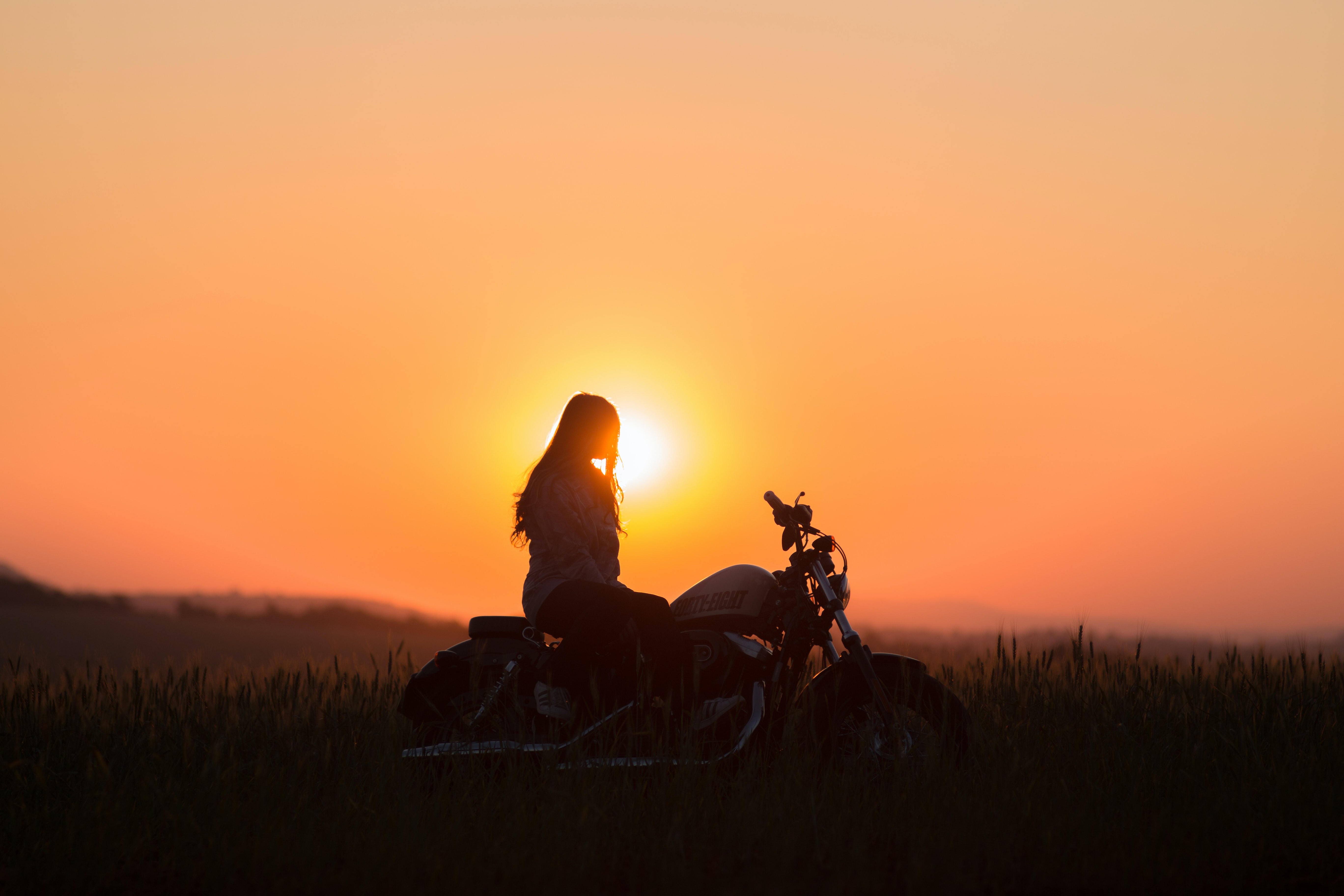 Sunset Wallpaper 4K, Woman, Motorcycle, Silhouette, Golden hour