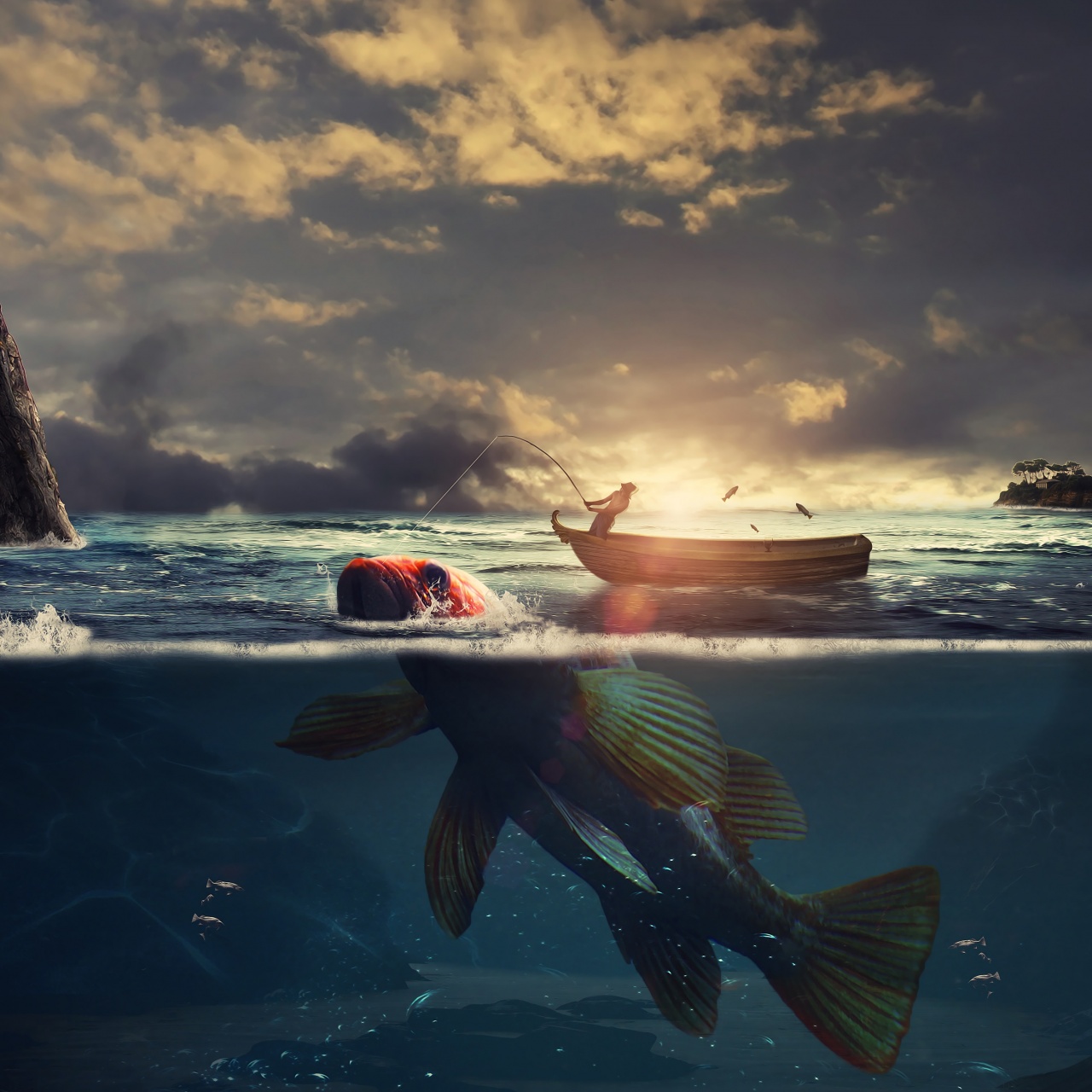 Surreal Wallpaper 4K, Fishing, Boat, Sea, Sunrise