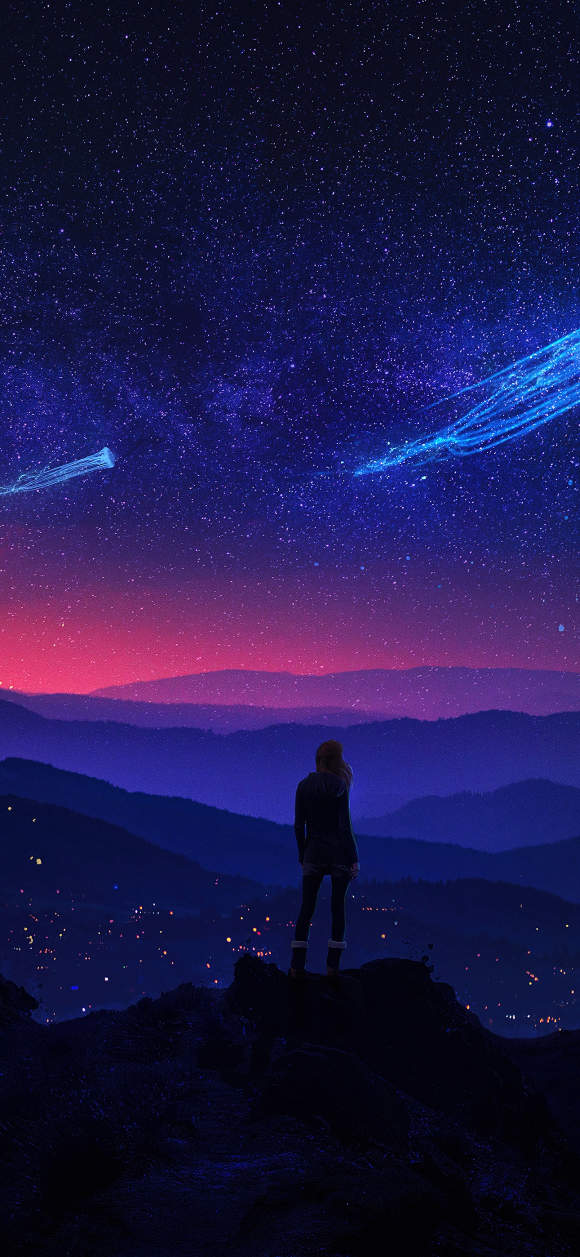 Surreal Wallpaper 4K, Girl, Night, Starry sky